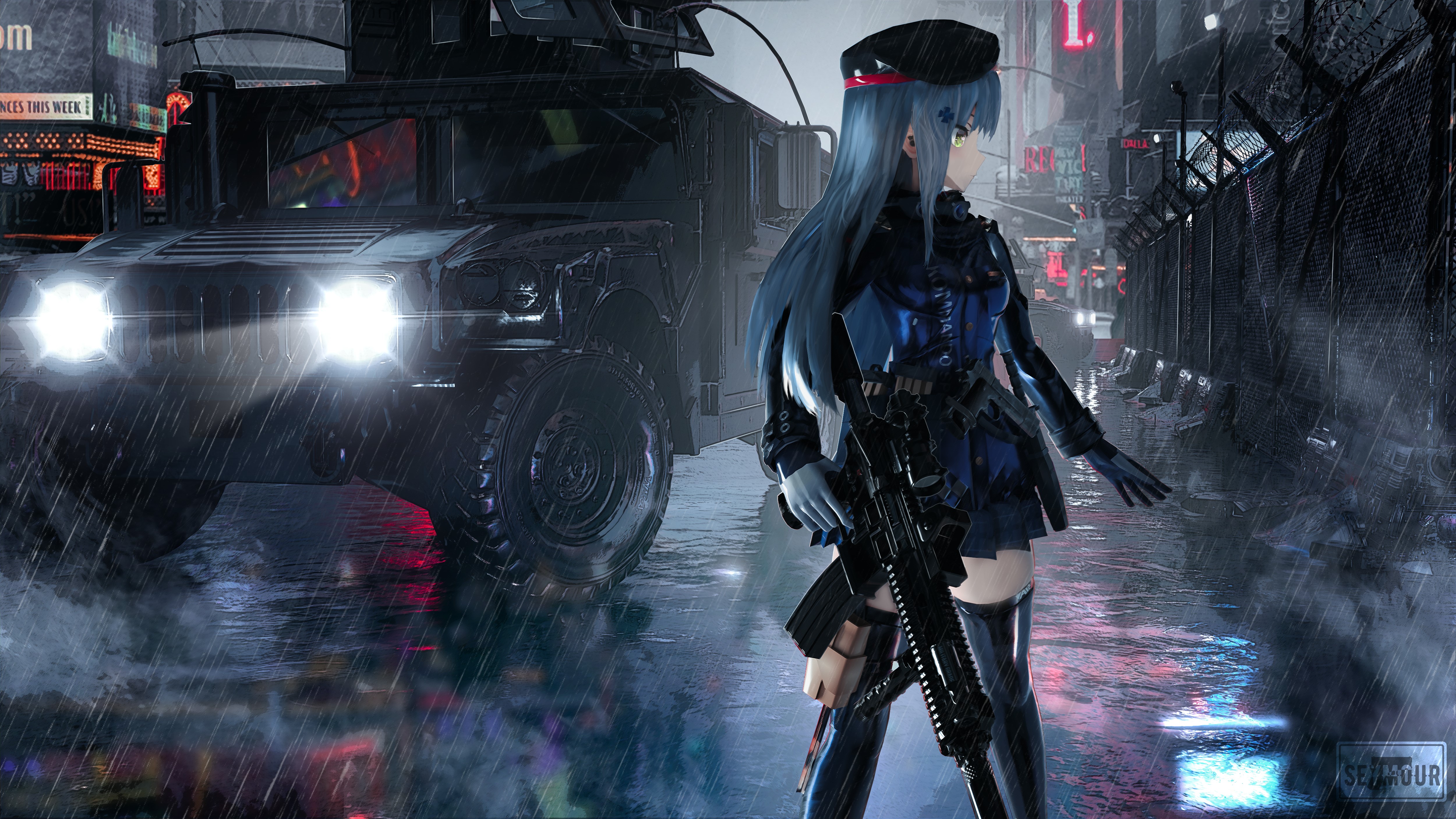 4K, rain, Seymour, assault rifle, HK416 (Girls Frontline), anime, anime girls, Girls Frontline, car HD Wallpaper