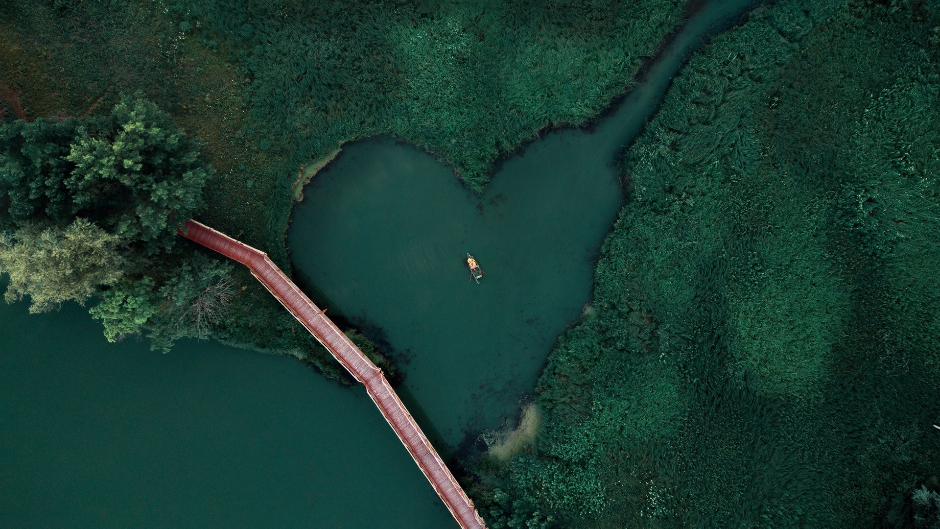 trees, boat, heart, landscape, top view, bridge, river, nature, grass HD Wallpaper