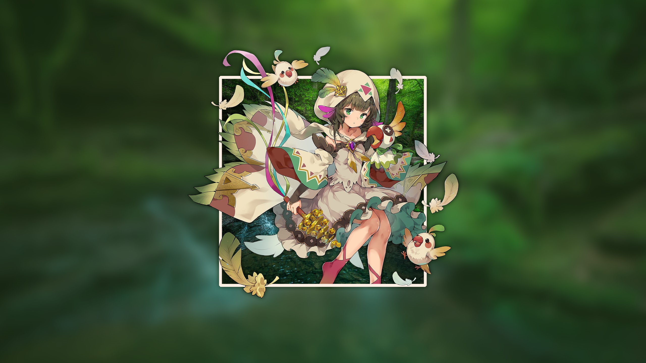 green hair, picture-in-picture, anime, loli, renders in shapes HD Wallpaper