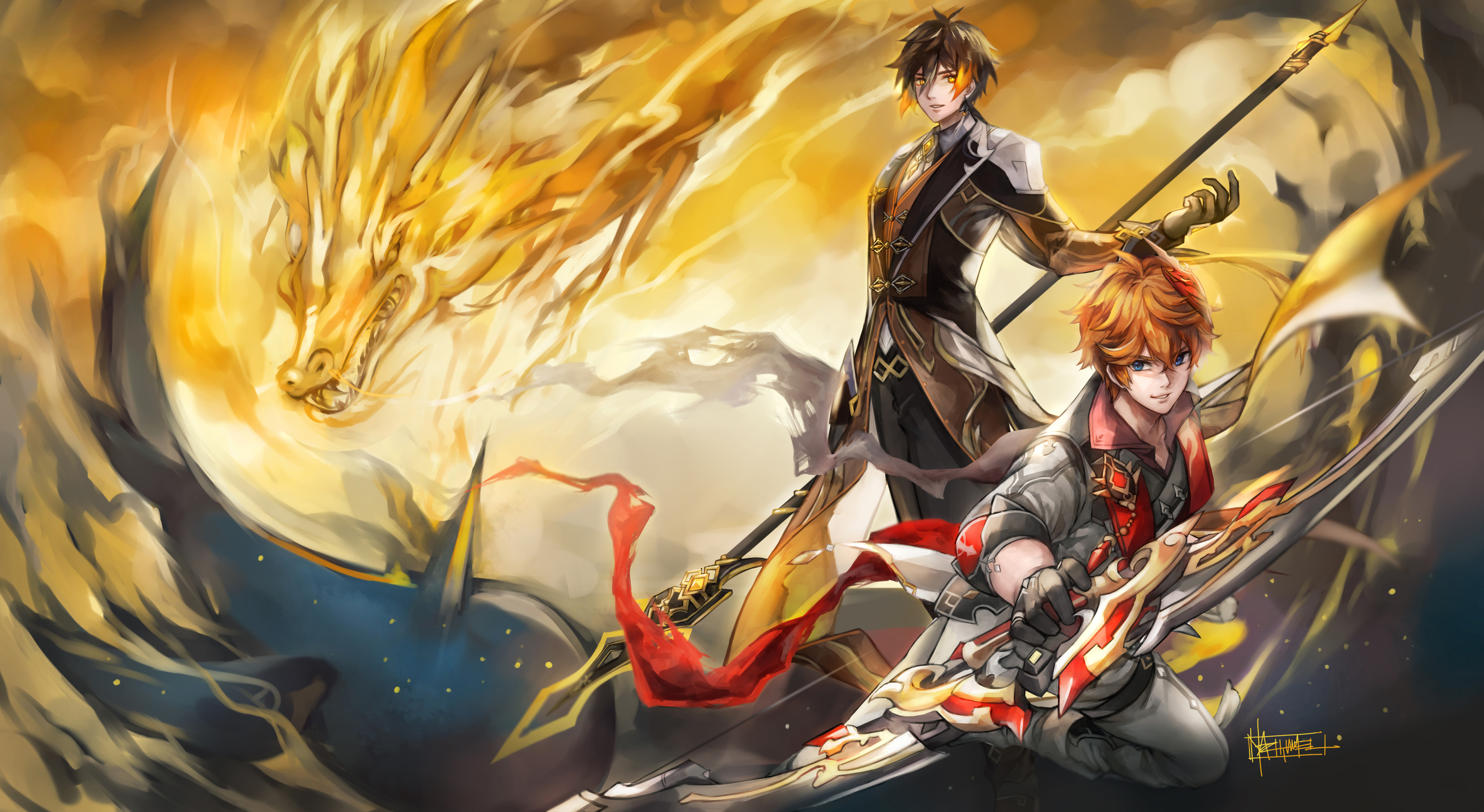 Zhongli and Tartaglia with Golden Dragon - Genshin Impact HD Wallpaper