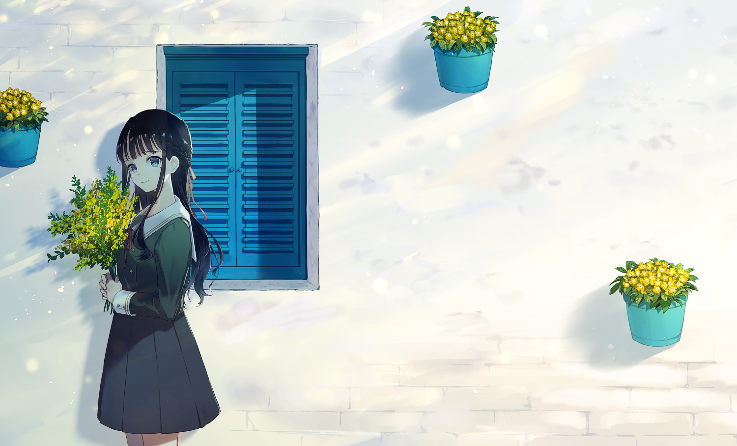 flowers, black hair, school uniform, anime, anime girls, Kusaka Kou, blue eyes, wall, smiling HD Wallpaper