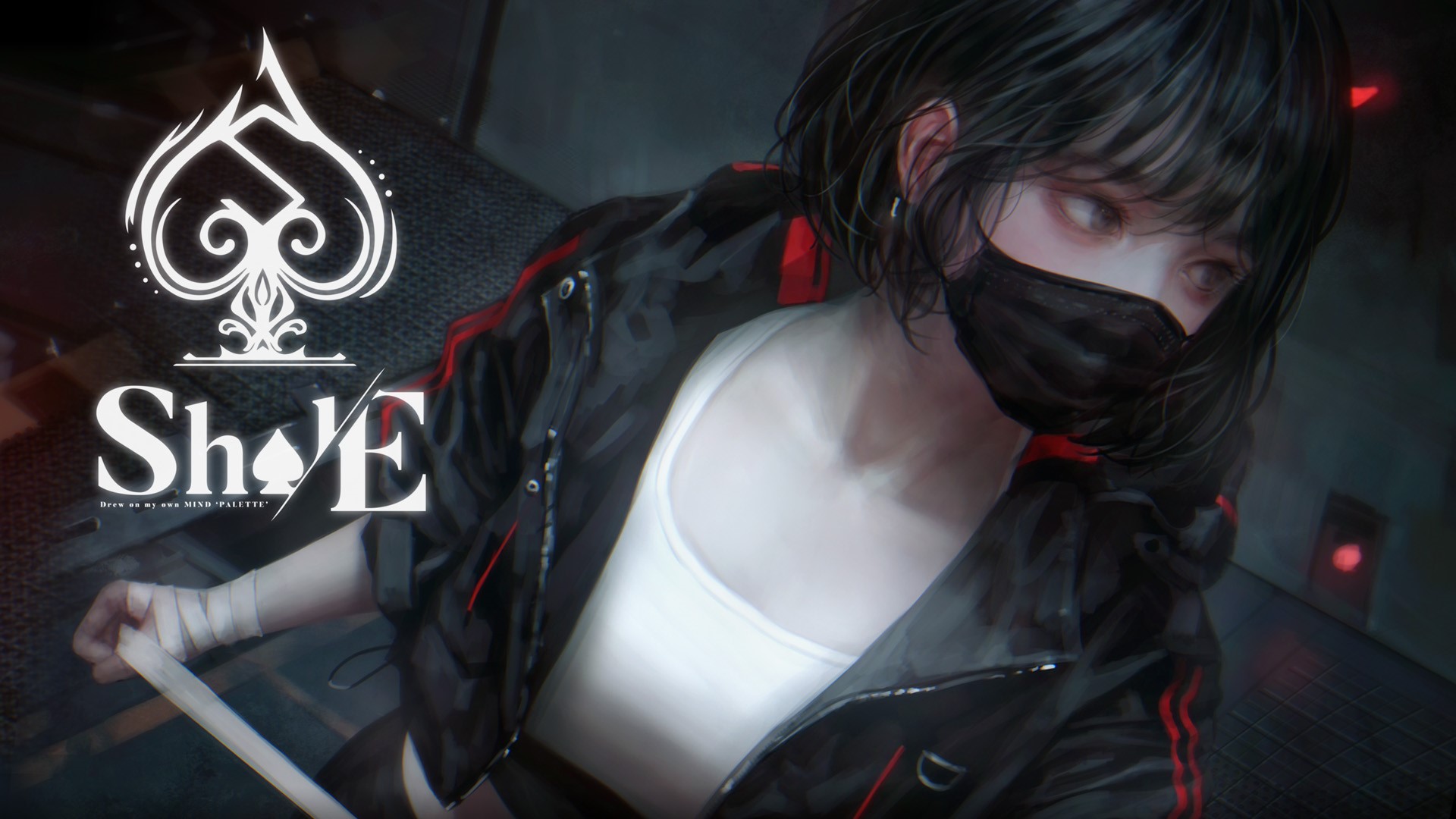 Shal. E, gray eyes, anime girls, mask, anime, short hair, horns, black hair HD Wallpaper
