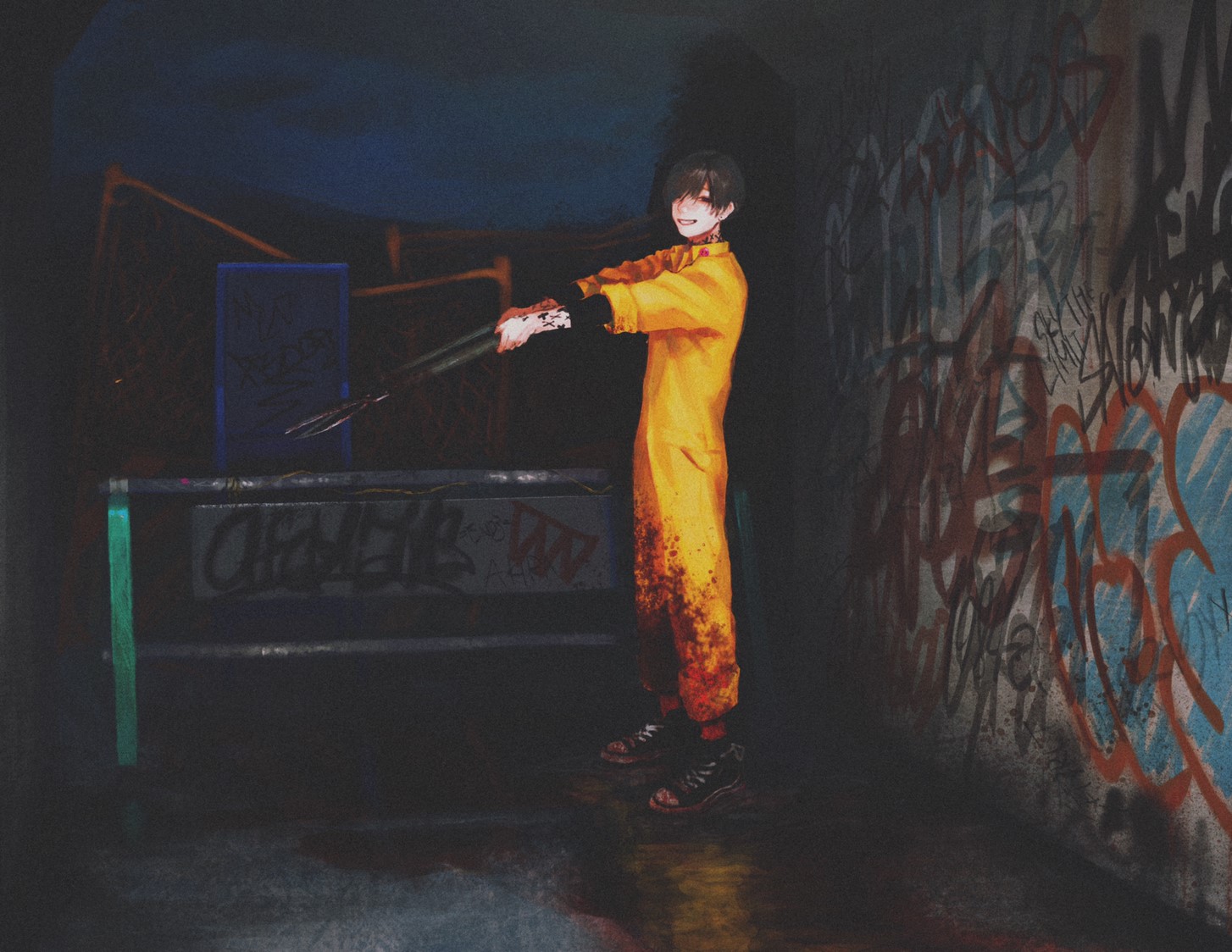 anime, graffiti, blood, looking at viewer, anime boys HD Wallpaper