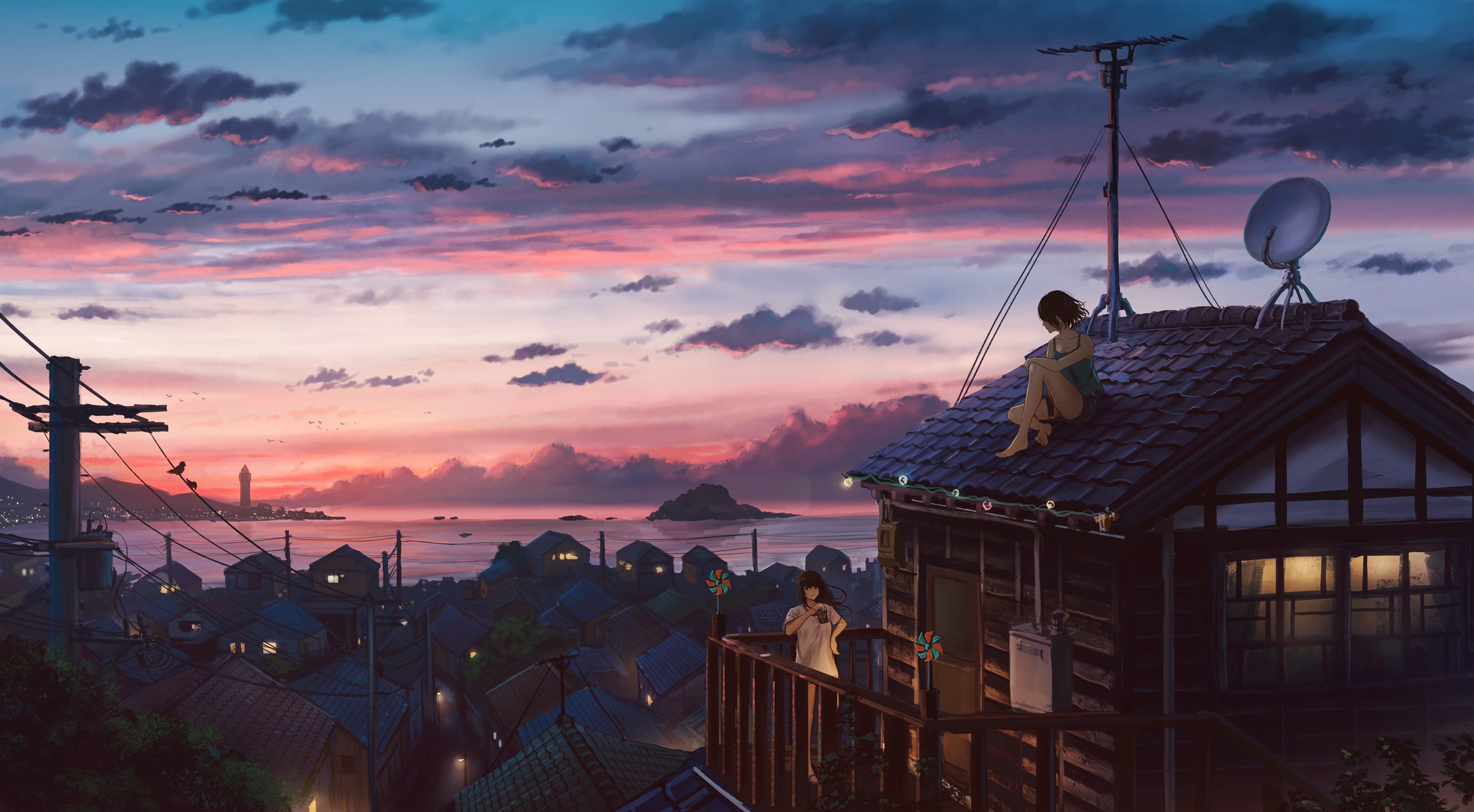 sunset, anime, sky, short hair, long hair, Sugi87, clouds, rooftops, anime girls, brunette HD Wallpaper