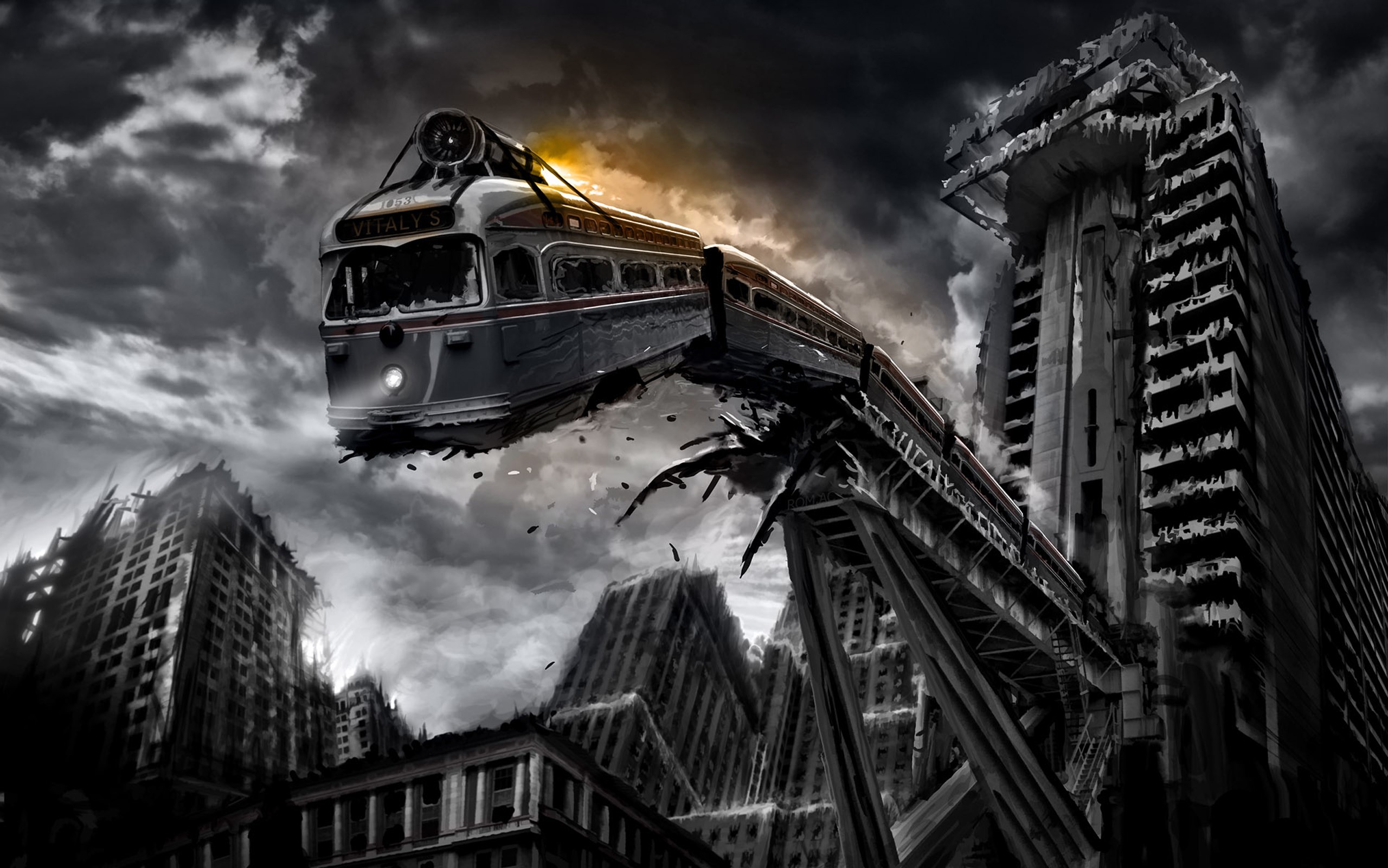 apocalyptic, monochrome, low-angle, vehicle, digital art, train, tram, falling, horror, broken glass, ruins, city, artwork, bridge, building, wreck HD Wallpaper