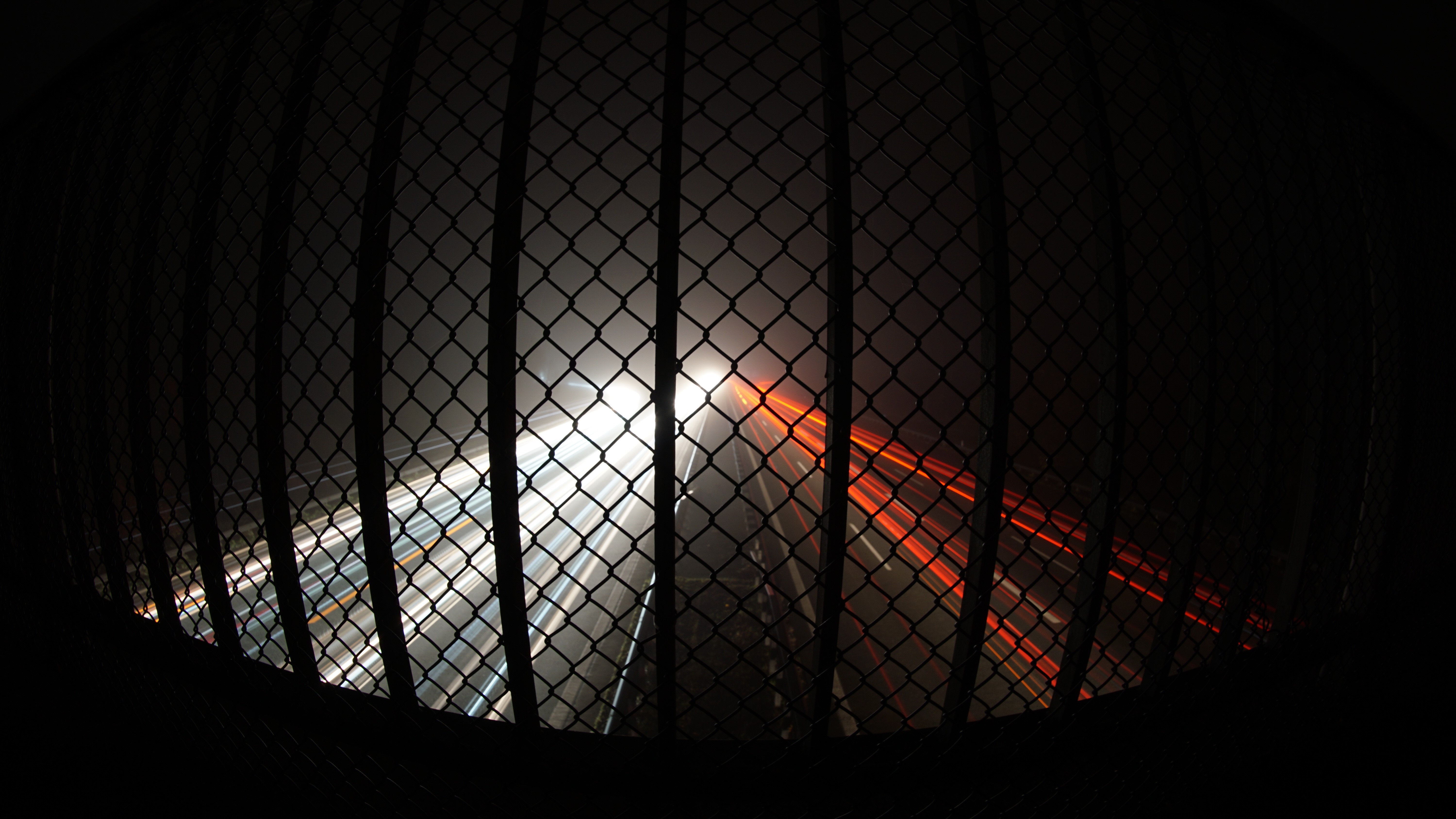4K, road, mist, fence, street, night, long exposure, lights HD Wallpaper