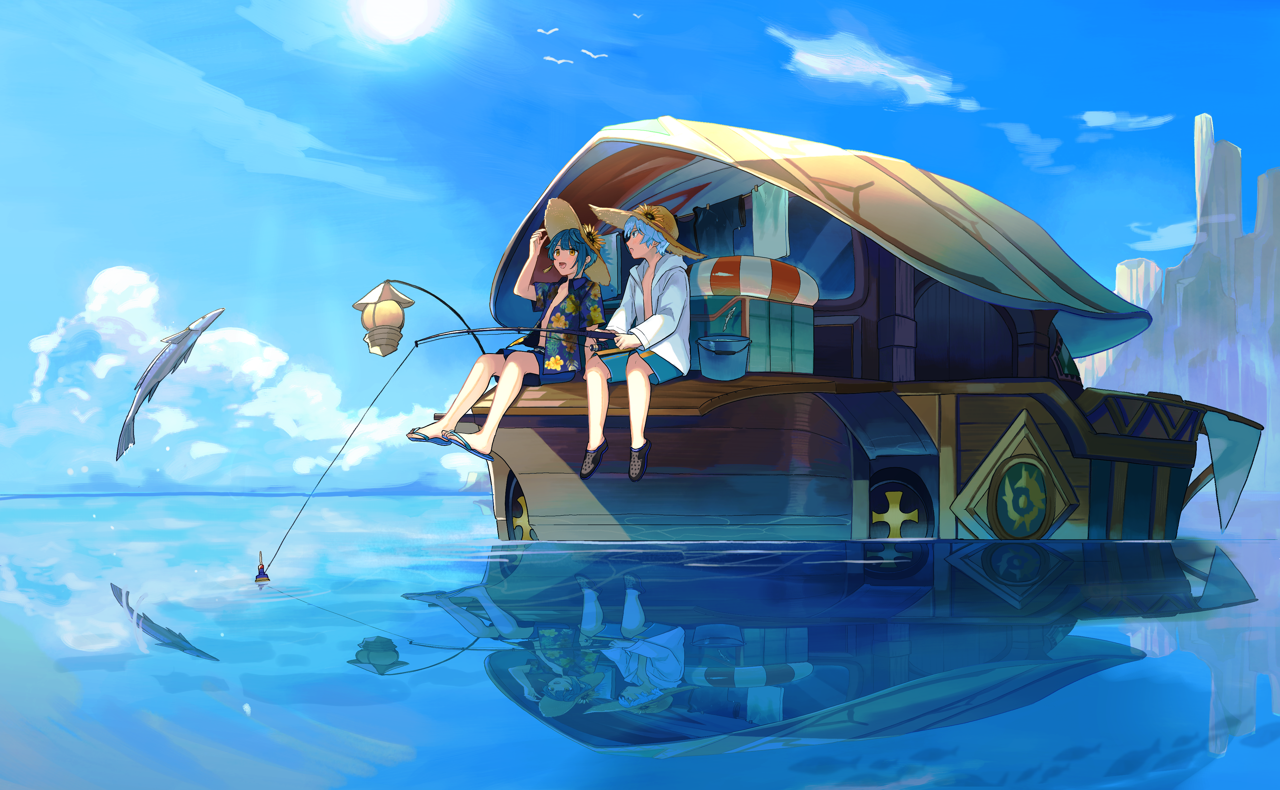 Chongyun and Xingqiu Fishing on a Boat 4K HD Wallpaper