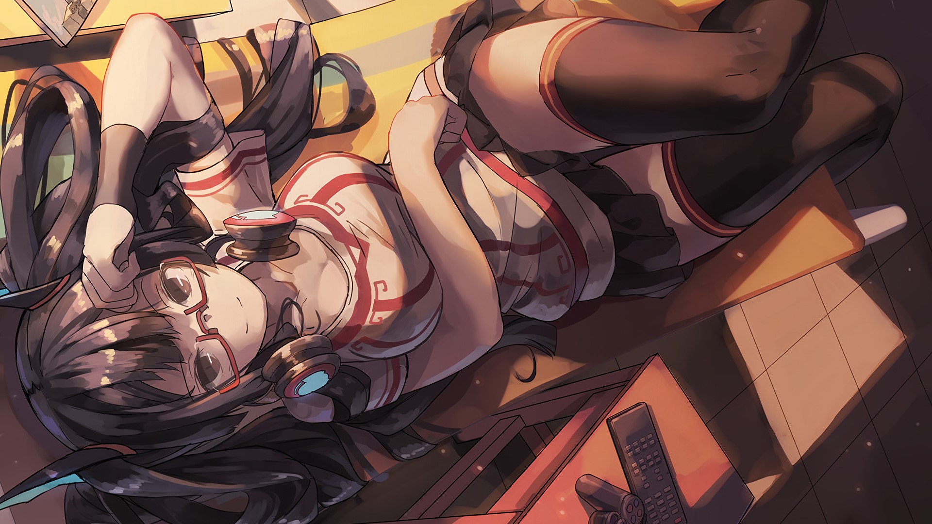 miniskirt, brown eyes, anime girls, Huanxiang Huifeng, T-shirt, brunette, smiling, thigh-highs, lying on back, glasses HD Wallpaper