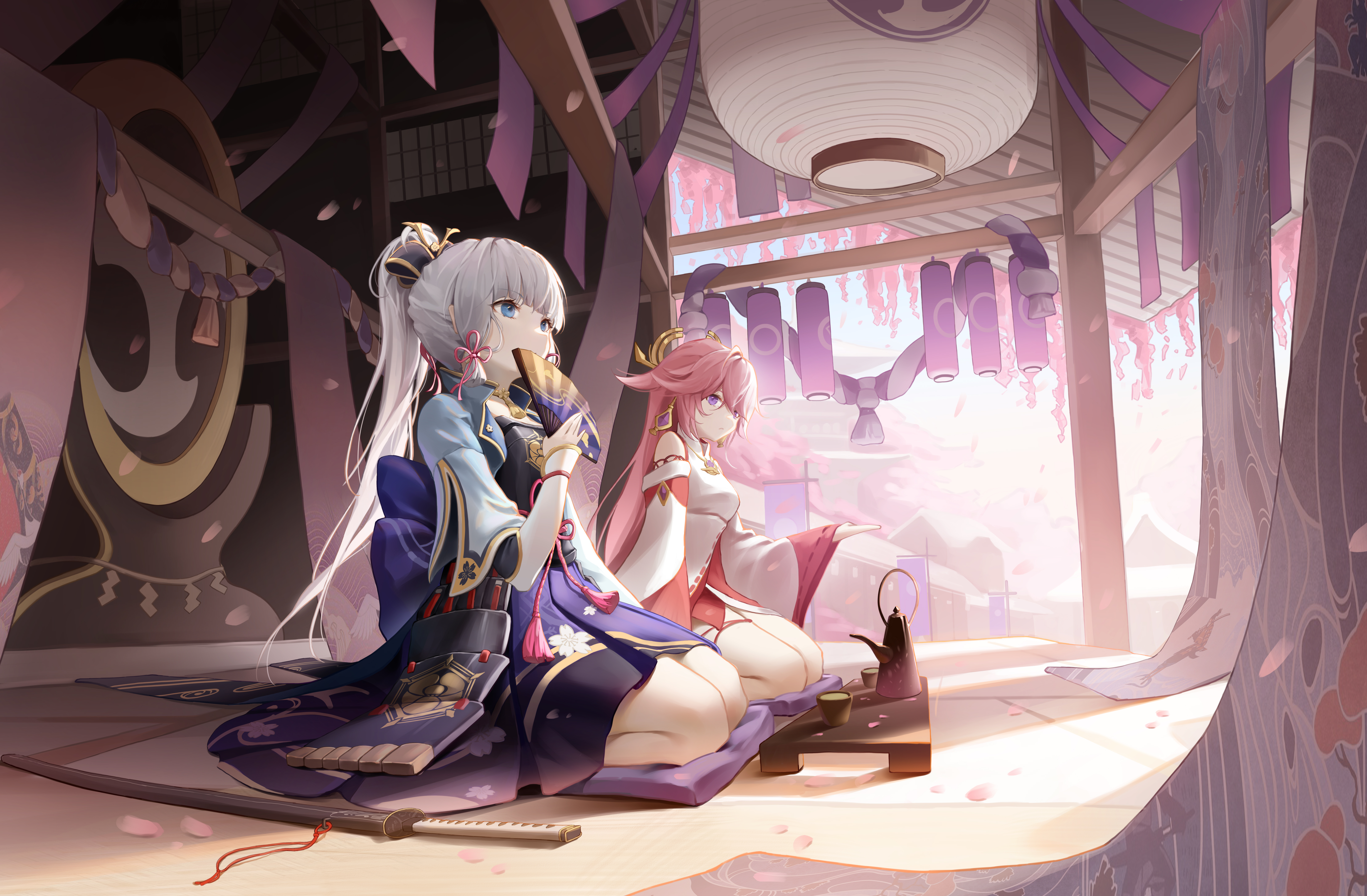 Kamisato Ayaka and Yae Miko in Tranquil Room HD Wallpaper