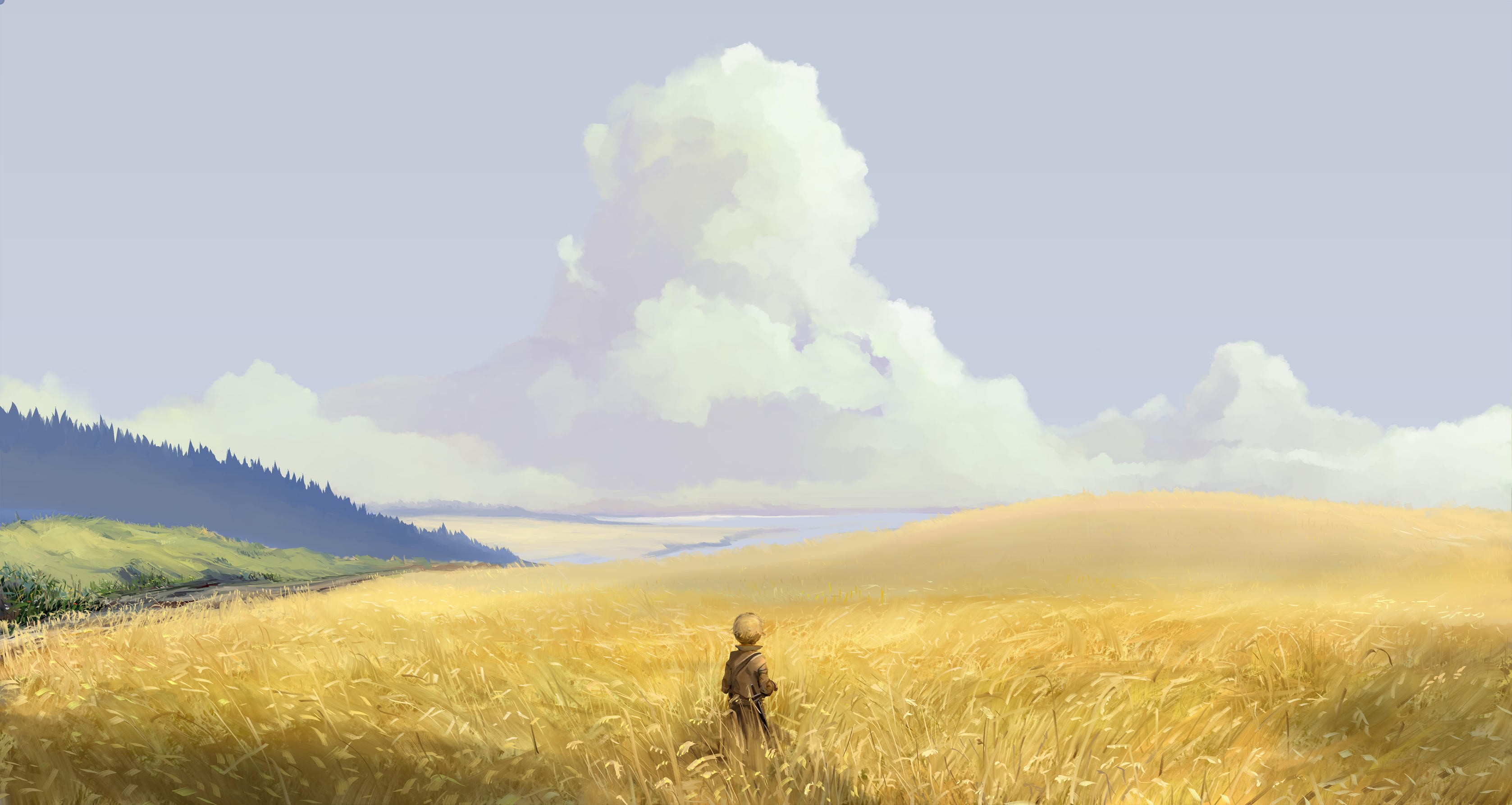Hangmoon, digital art, field, clouds, landscape HD Wallpaper