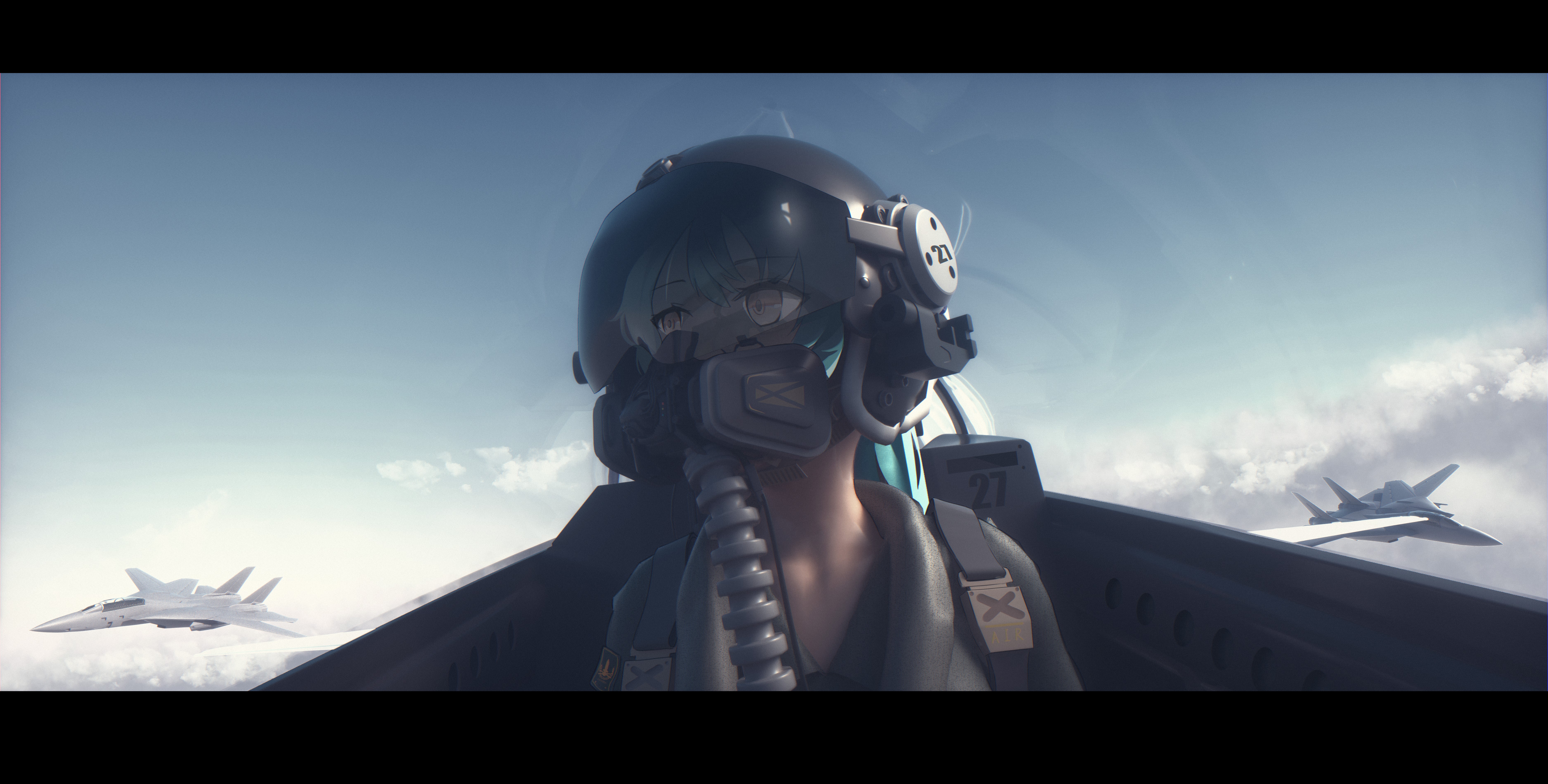4K, helmet, military aircraft, Pixiv, anime girls, warplanes, F-14 Tomcat, Bangeningmeng, military vehicle, anime, jet fighter, military, aircraft, vehicle HD Wallpaper