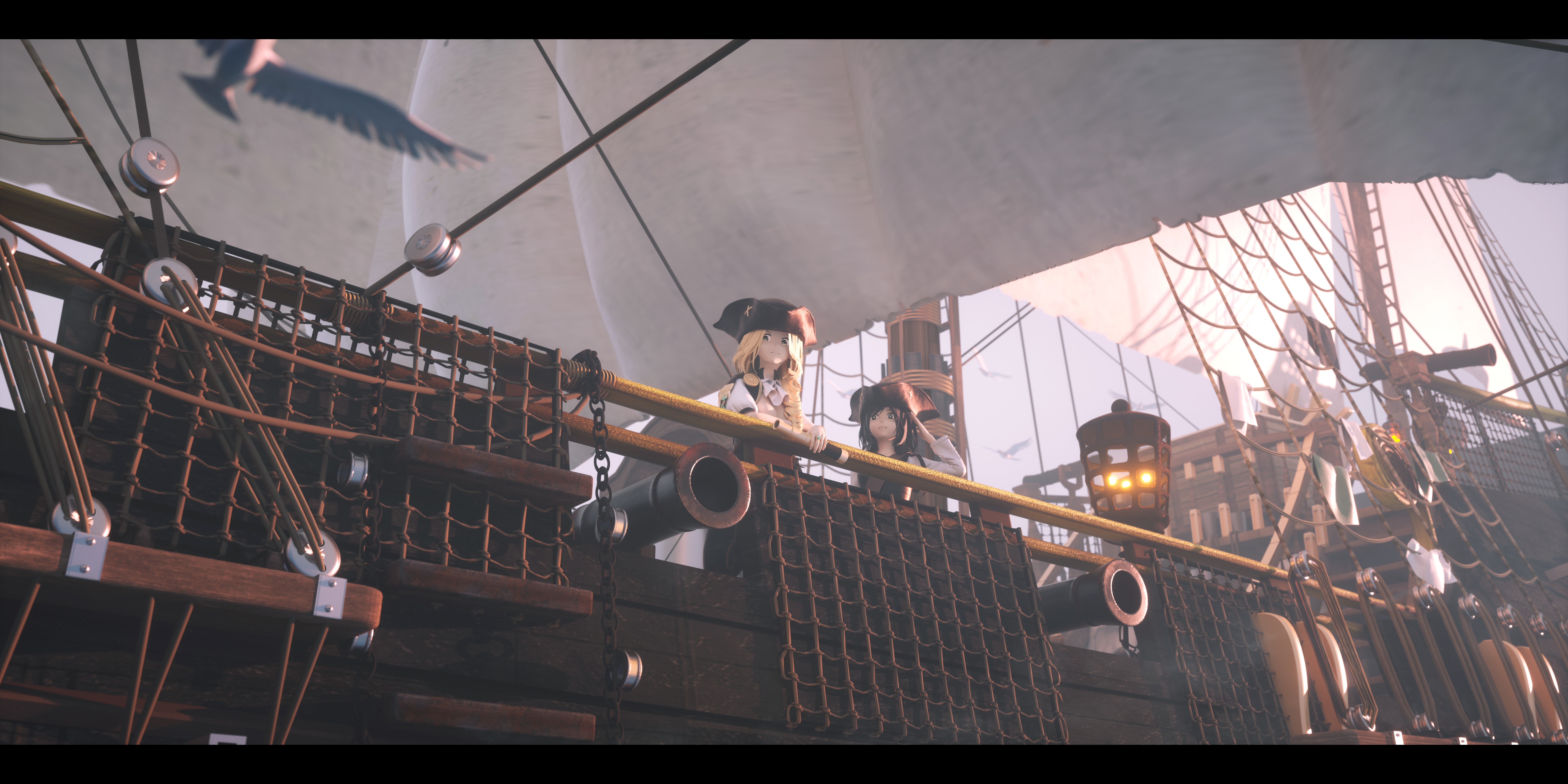 4K, anime girls, tricorne, anime, cannons, rigging (ship), Bangeningmeng, sailing ship, lantern HD Wallpaper