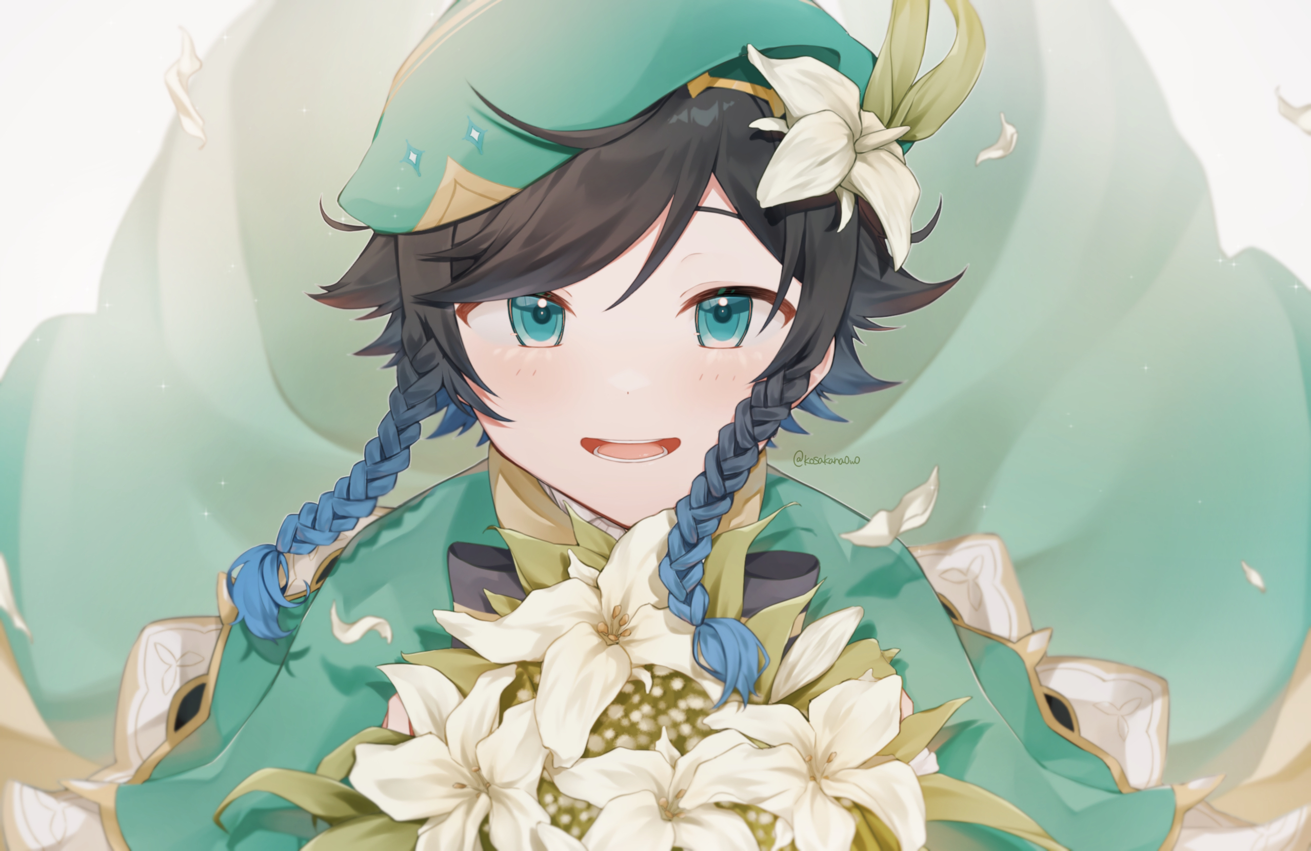 Venti from Genshin Impact holding flowers HD Wallpaper