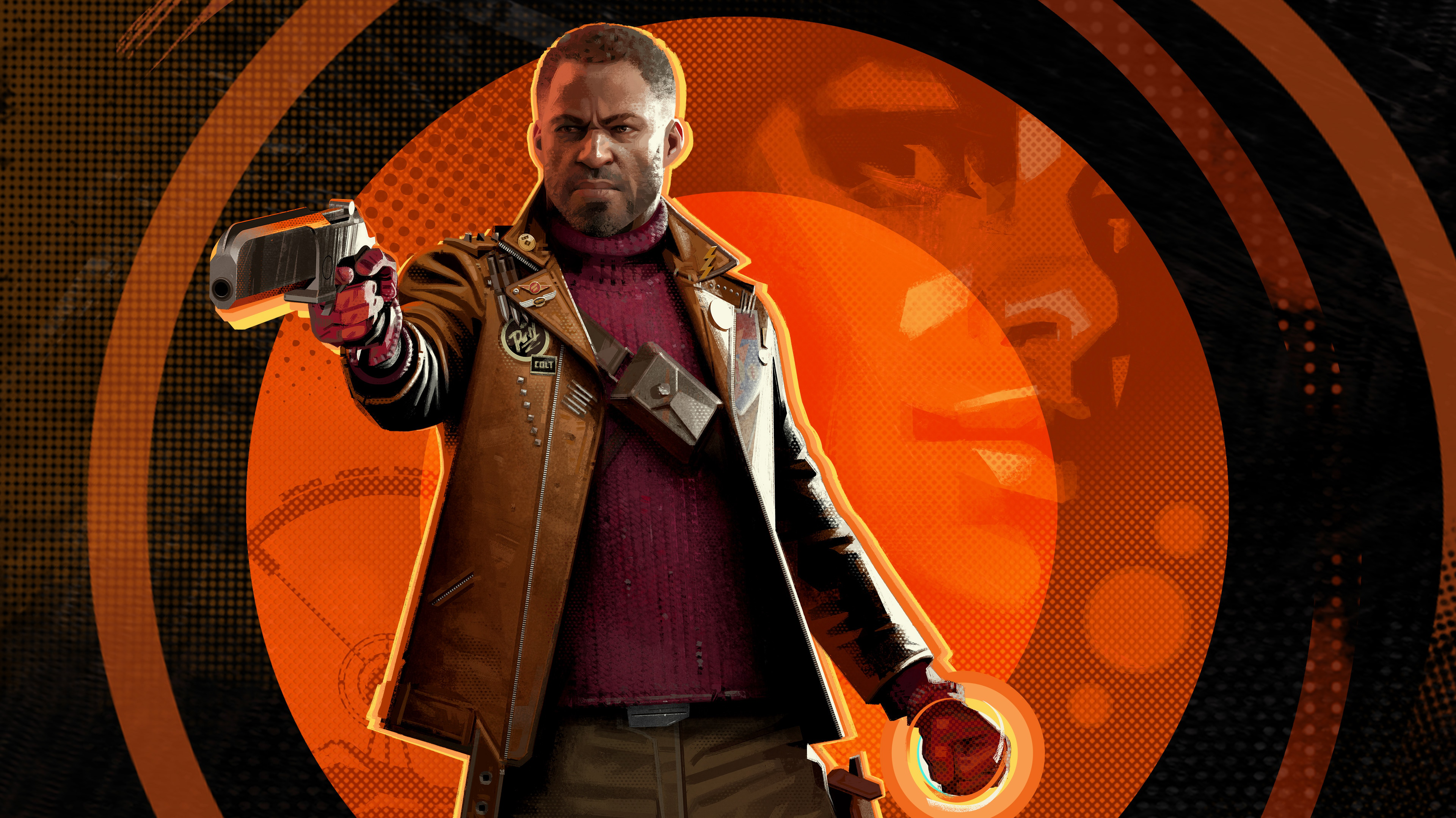 4K, video game characters, Deathloop, video games, video game art, Bethesda Softworks, gun, orange background HD Wallpaper