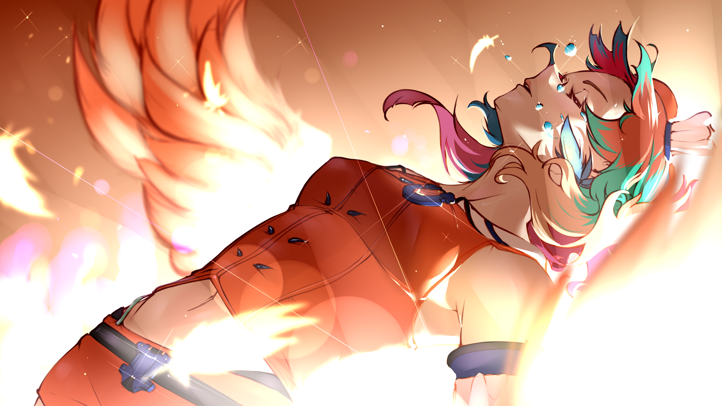 wings, anime, Takanashi Kiara, feathers, closed eyes, water drops, Hololive, anime girls, multi-colored hair HD Wallpaper