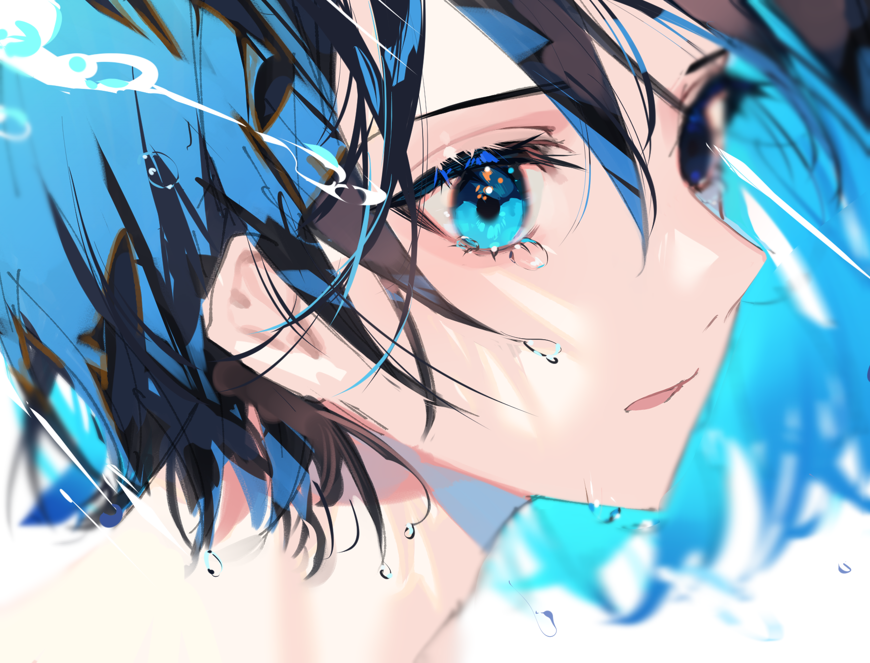 tears, blue hair, anime, short hair, face, blue eyes, Zumizumi1254, anime girls HD Wallpaper