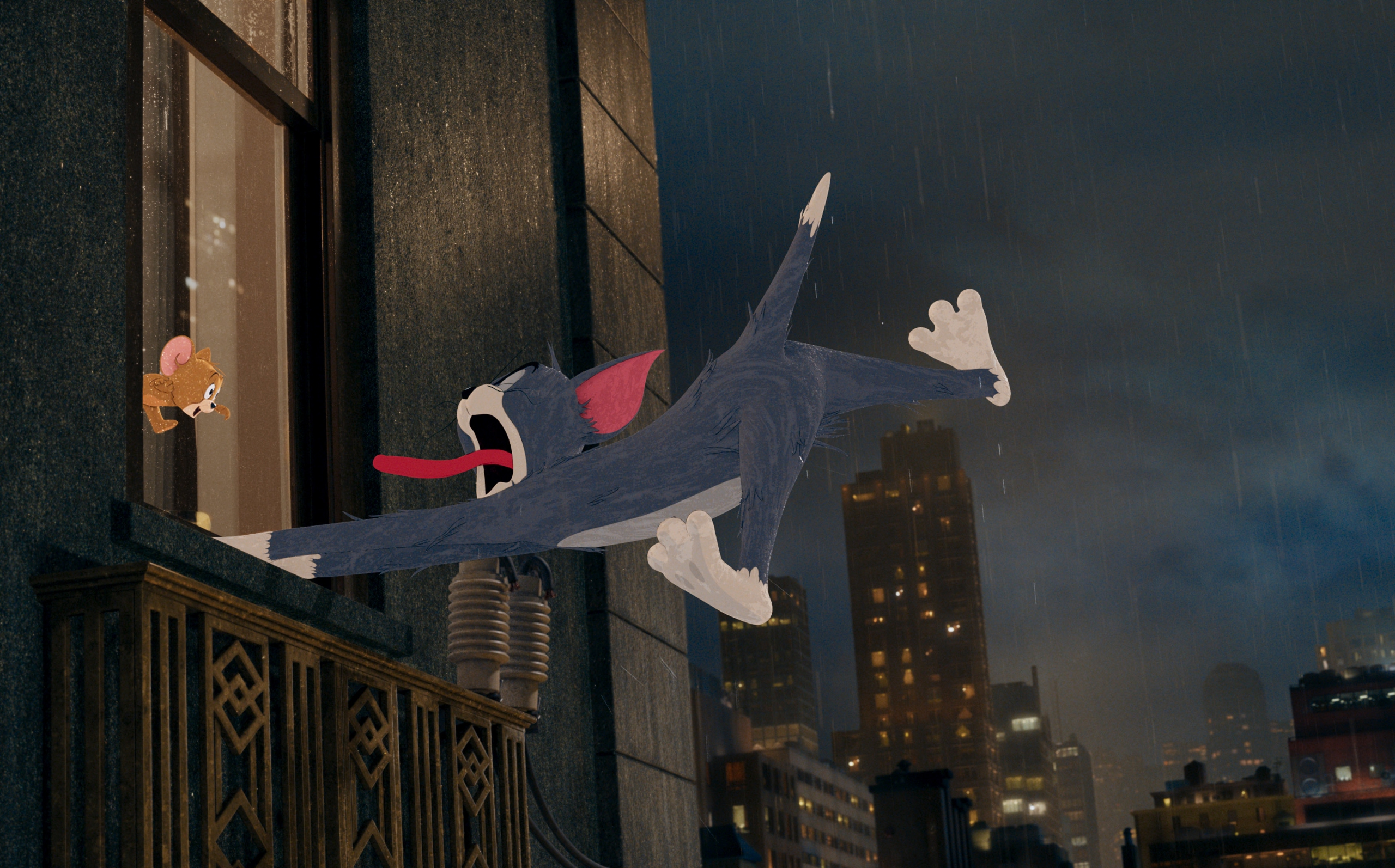 Tom and Jerry chase on a rainy night HD Wallpaper