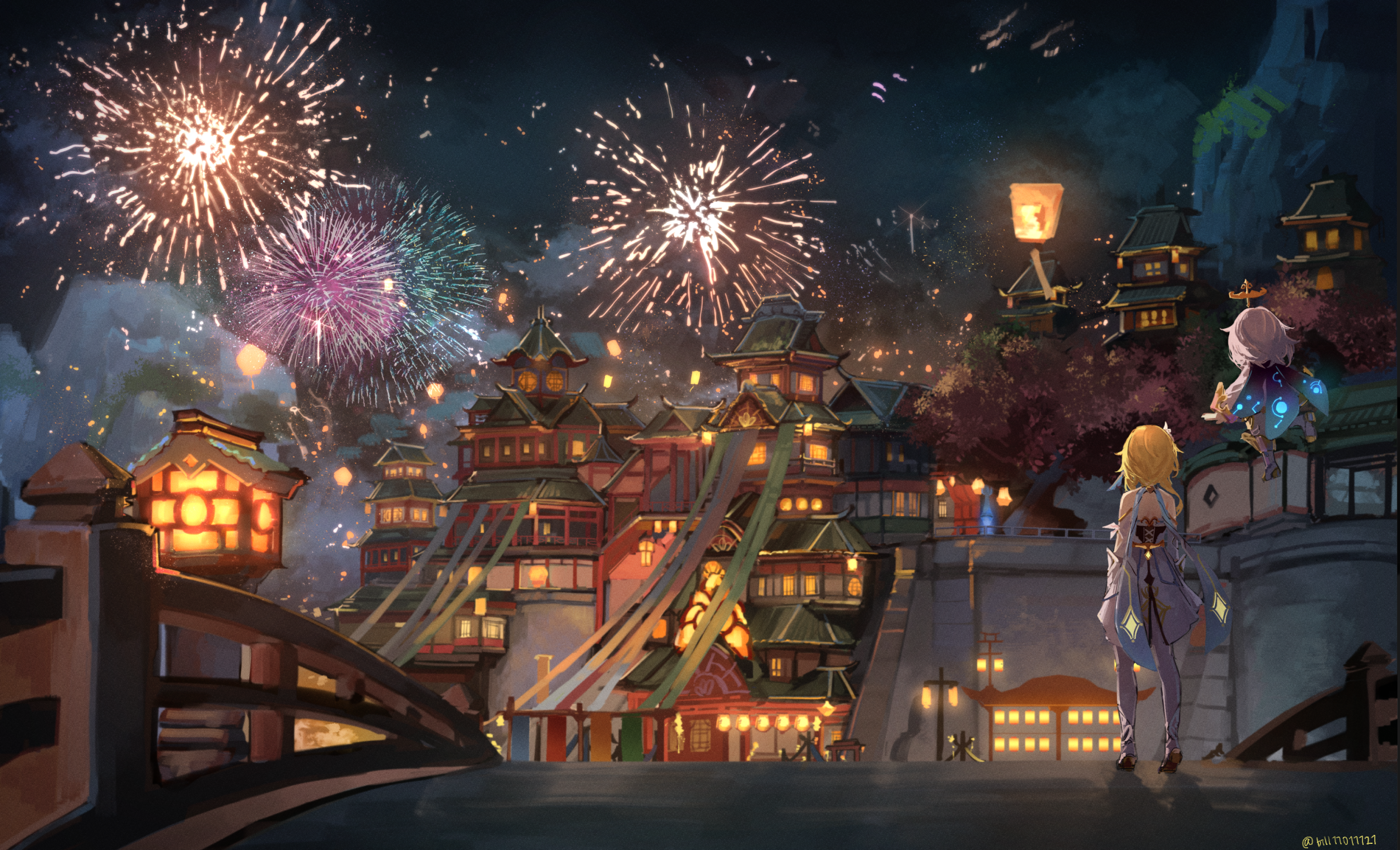 anime girls, fireworks, game characters, fantasy city HD Wallpaper