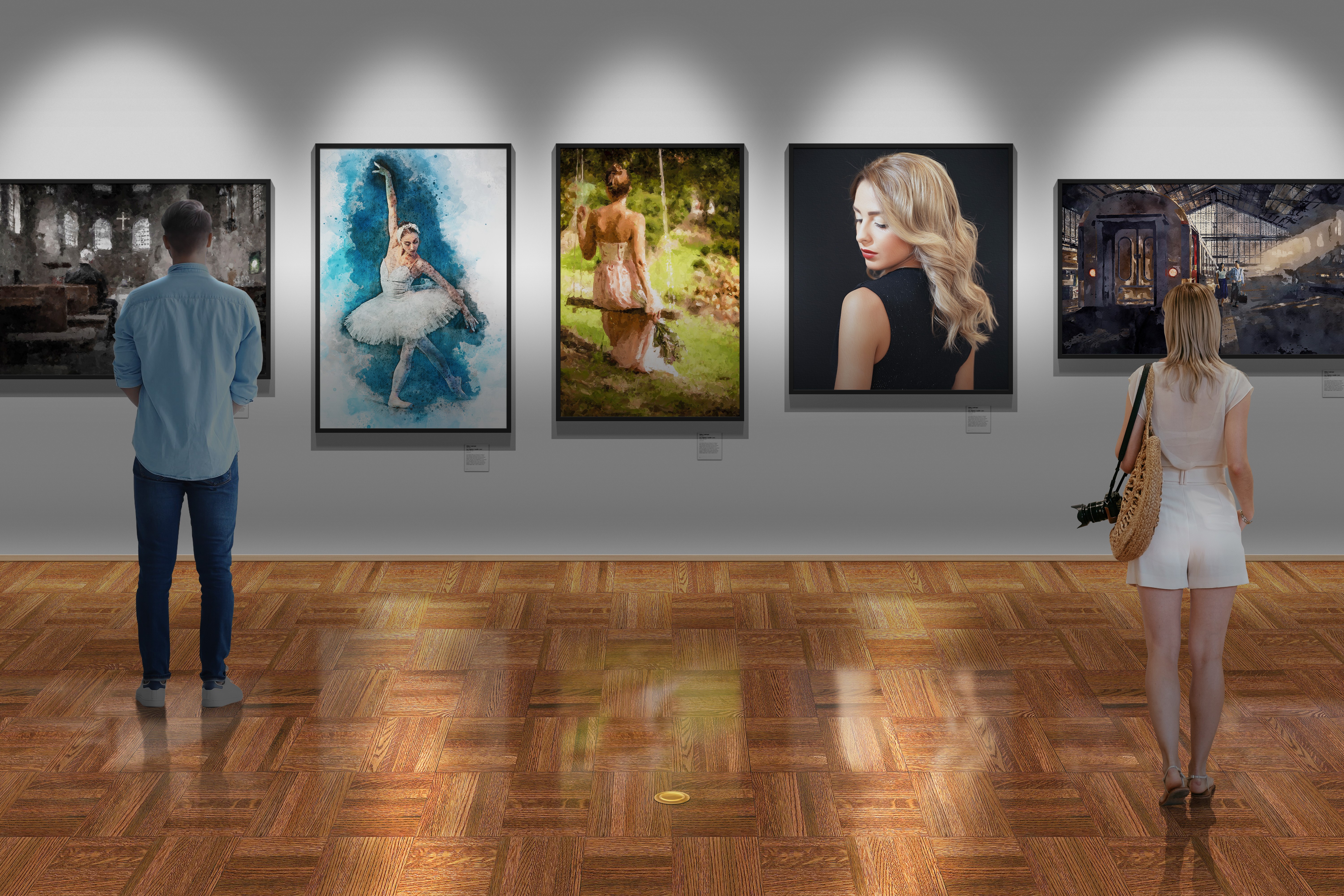 4K, women indoors, indoors, art gallery, men indoors, standing, men, picture frames, women HD Wallpaper