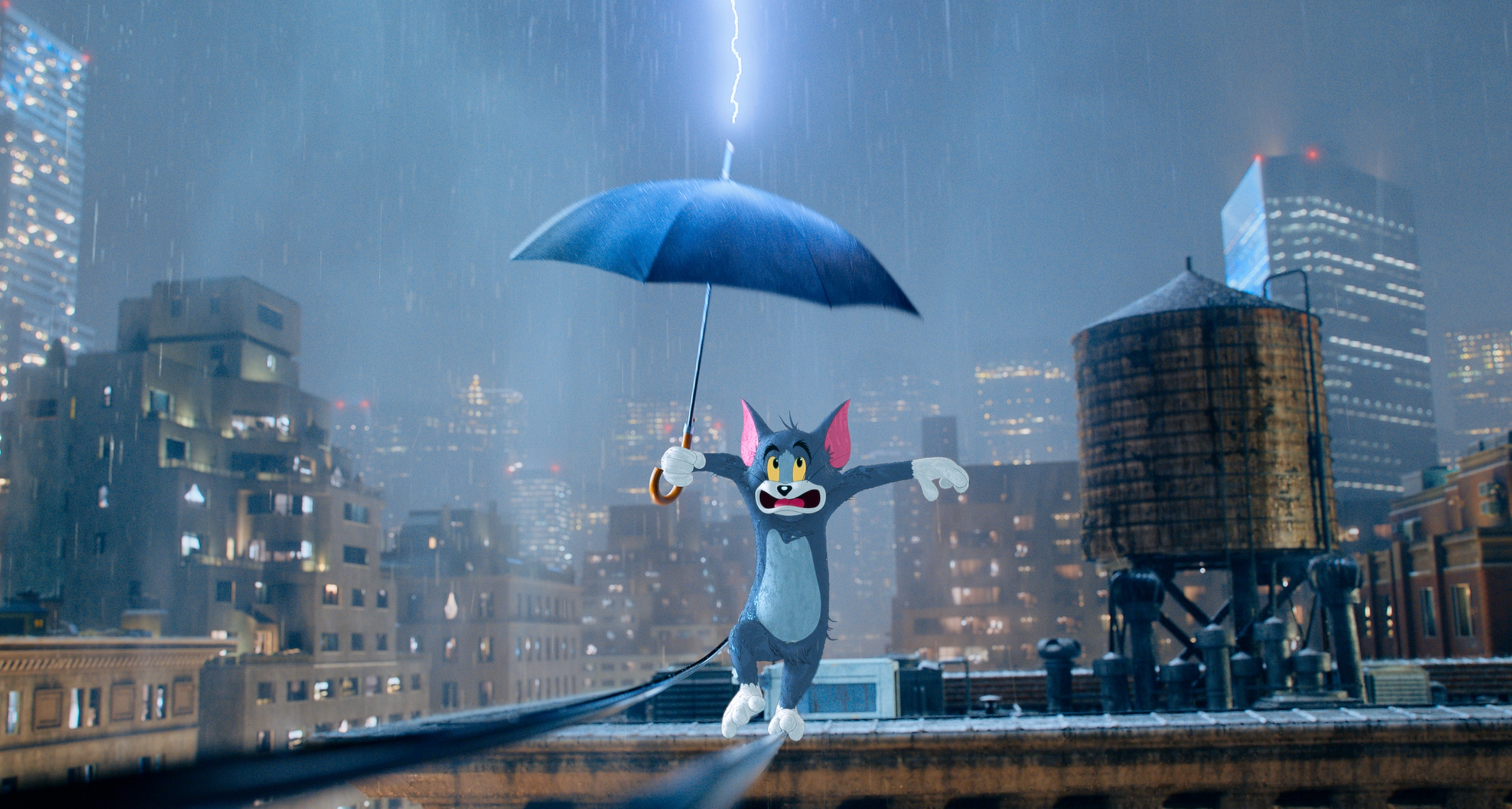 Tom and Jerry on a rooftop during a thunderstorm HD Wallpaper