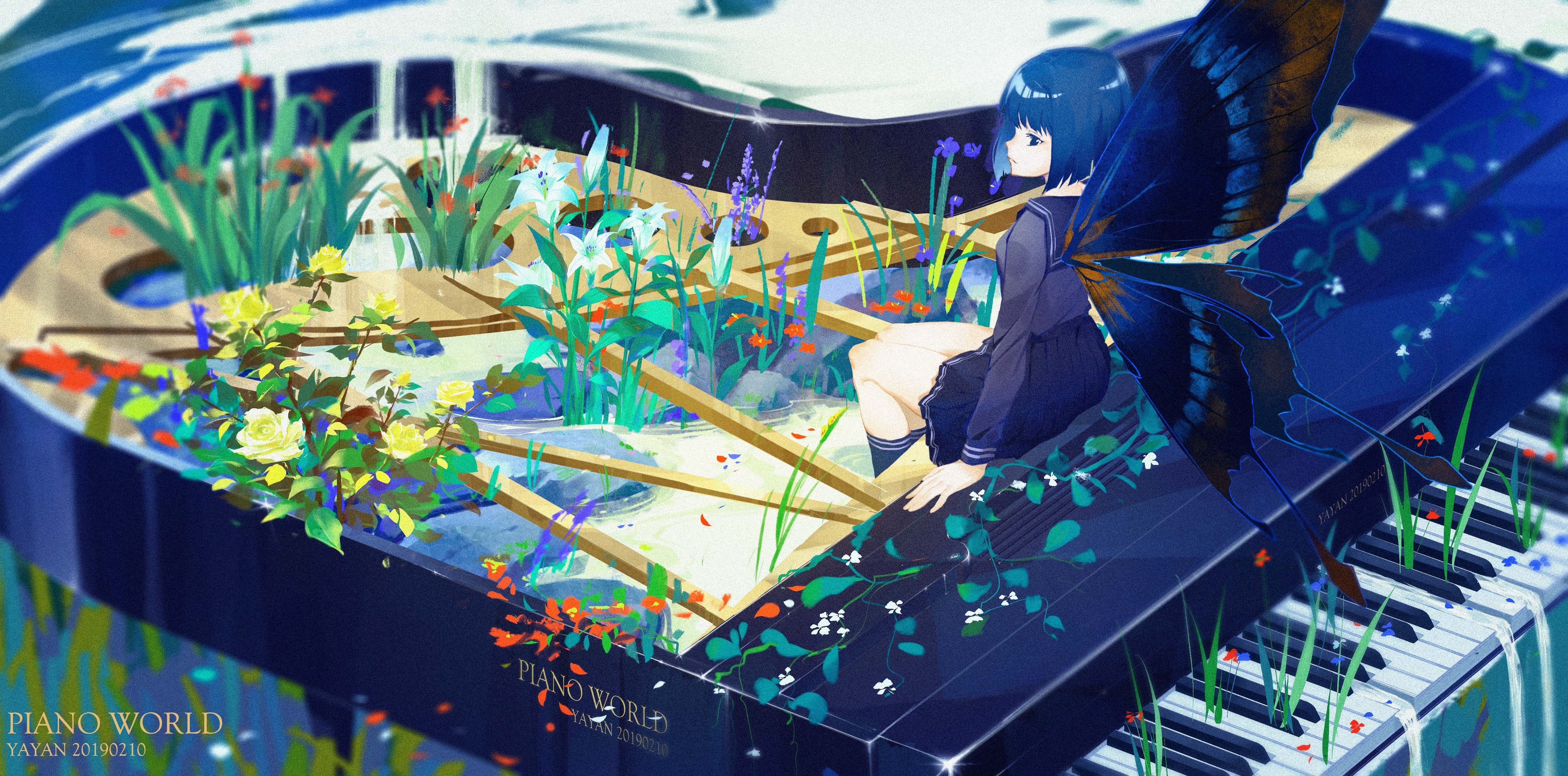 4K, yayan, anime girls, butterfly wings, anime, piano HD Wallpaper