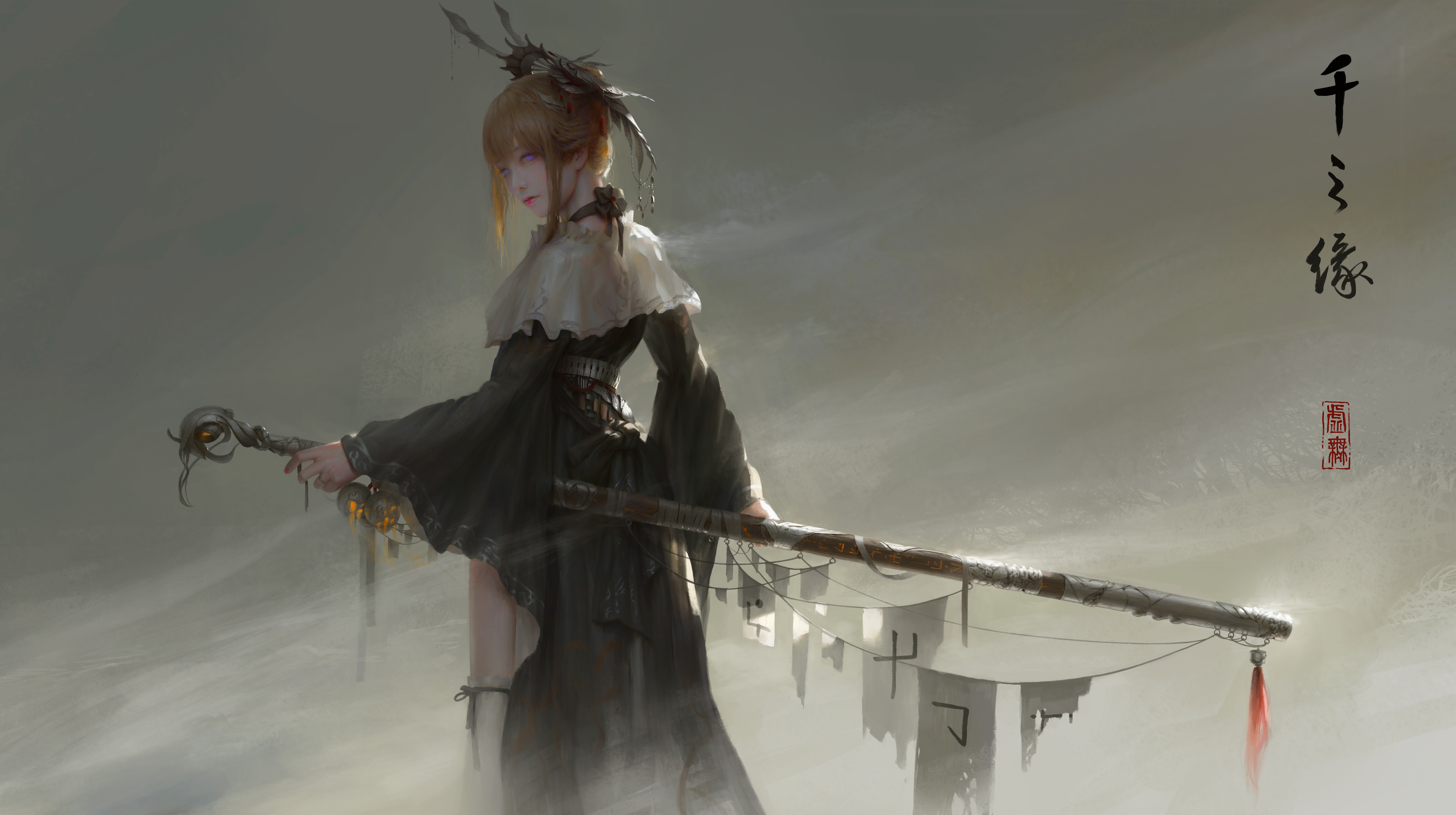 4K, fantasy art, women, original characters, sword, void_0, fantasy warrior, Asian HD Wallpaper