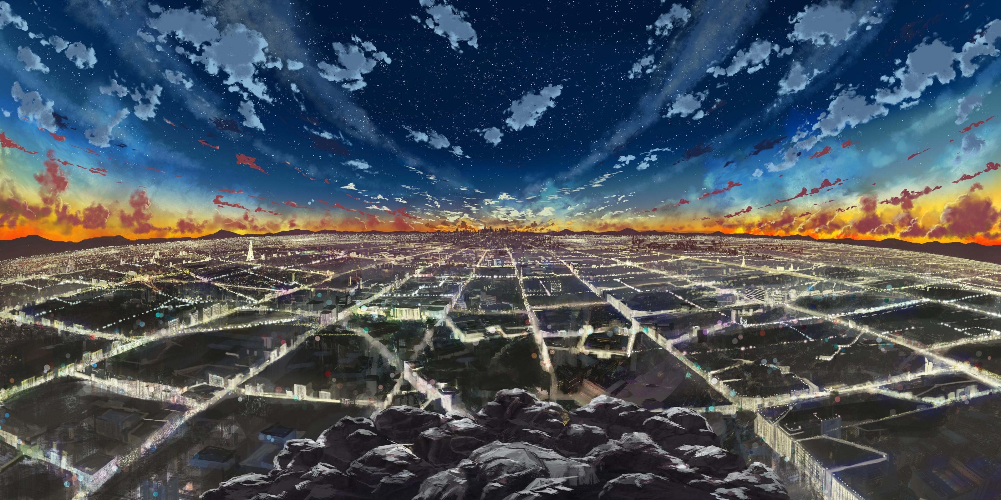 stars, city lights, rocks, anime, cityscape, sue, clouds HD Wallpaper