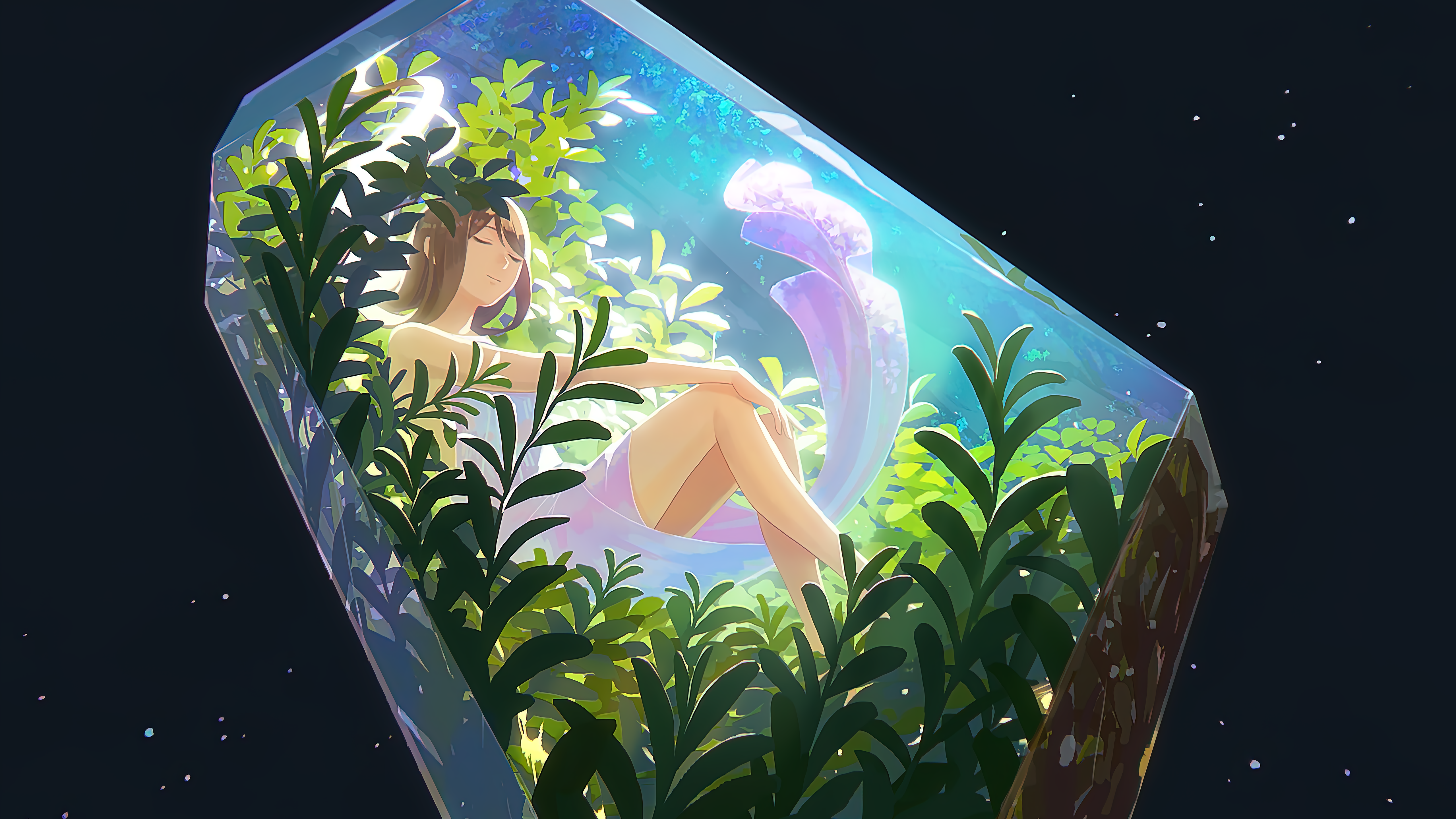 4K, plants, long hair, closed eyes, brunette, crystal, anime girls, anime, dress HD Wallpaper