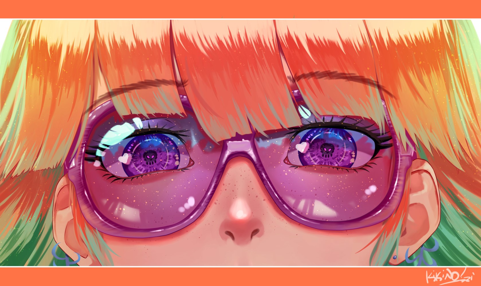 anime girls, freckles, anime, skull, Takanashi Kiara, redhead, Hololive, multi-colored hair, purple eyes, glasses HD Wallpaper