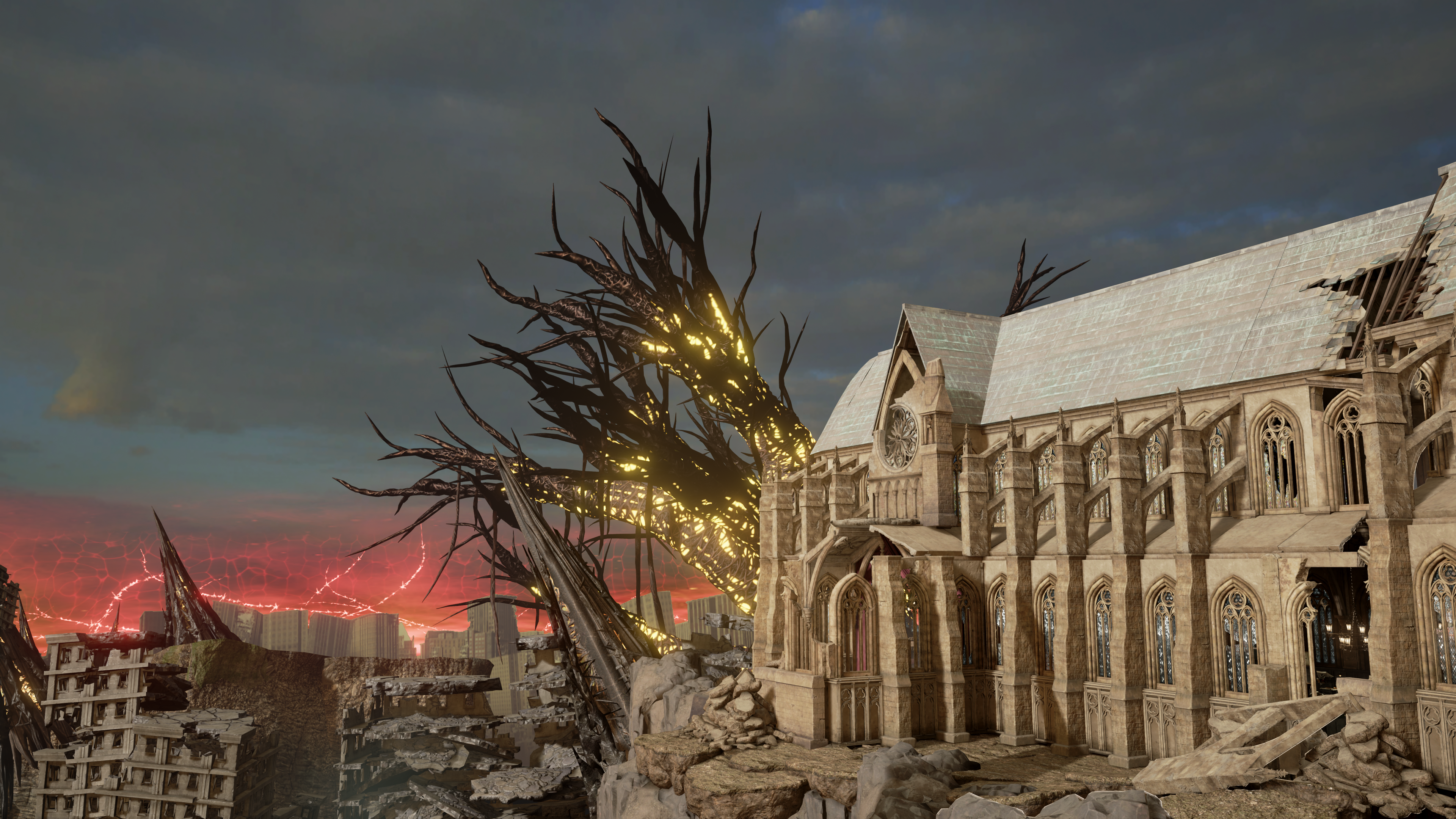 4K, Code Vein, Gothic, sky, yellow, architecture, rocks, castle, ruins, custom, tree stump HD Wallpaper