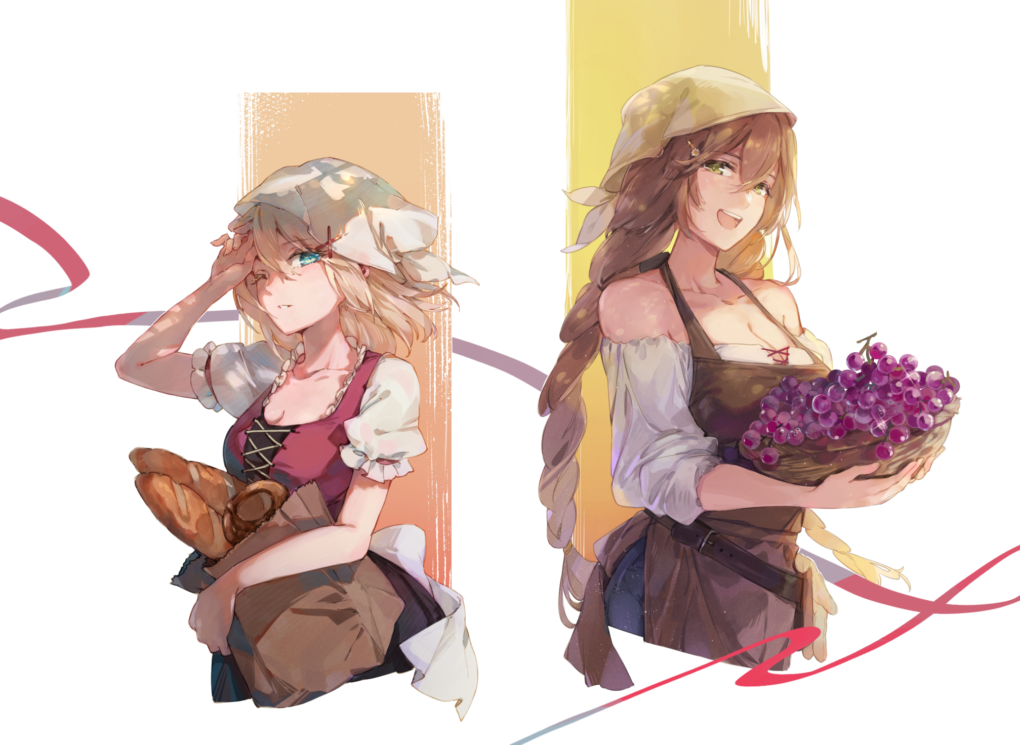 blue eyes, grapes, bread, brunette, green eyes, G36 (Girls Frontline), Springfield (Girls Frontline), blonde, anime girls, Shuzi, Girls Frontline, cleavage HD Wallpaper