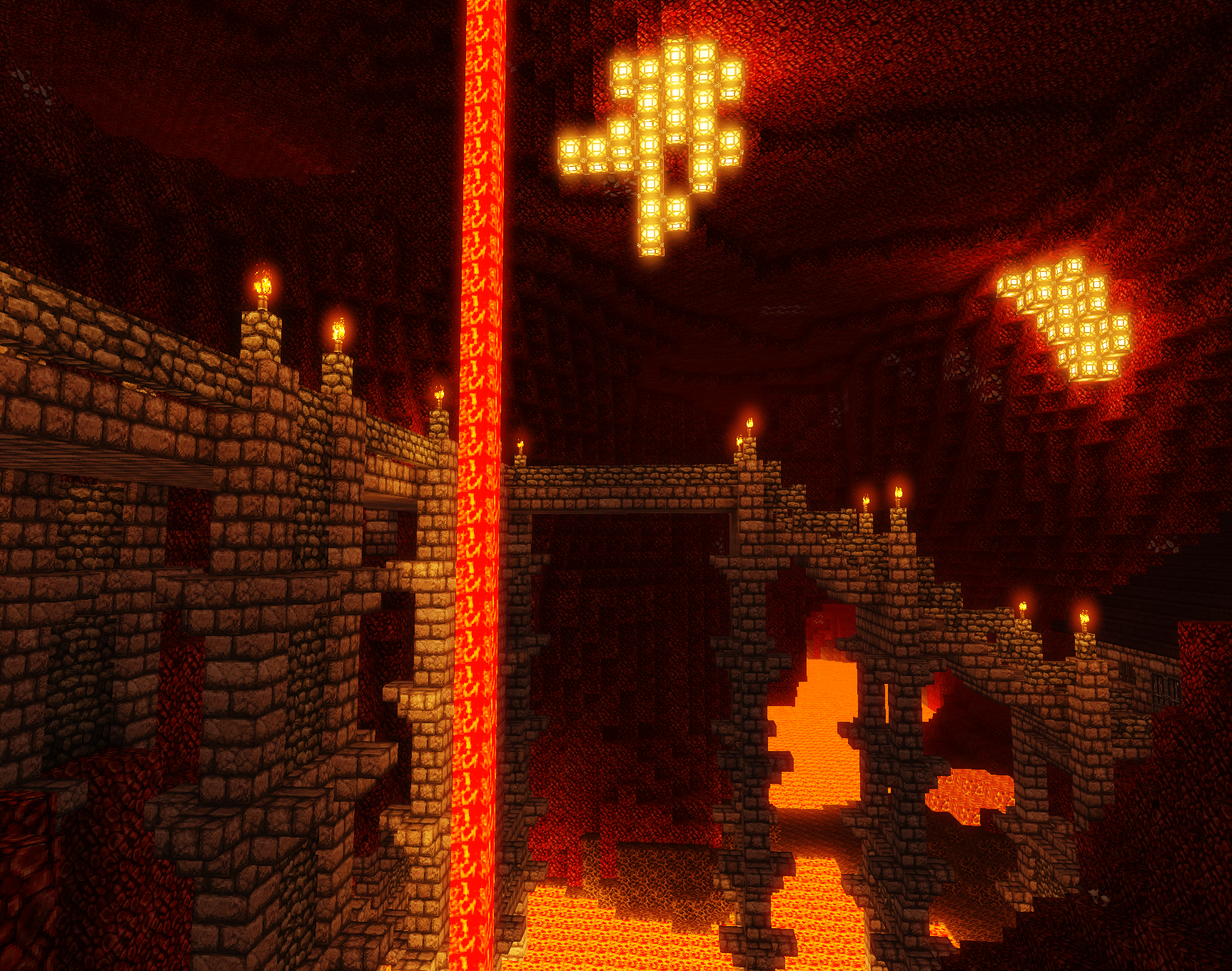 flowers, dark, wolf, Sun, lava, Minecraft nether, colorful, nature, mill, dog, pink, building, yellow, clear sky, mountains, landscape, video games, fountain, roses, blue, green, sunlight, plants, screen shot, PC gaming, rose, water, trees, Bushes, hell, bridge, sky, house, Minecraft, forest HD Wallpaper