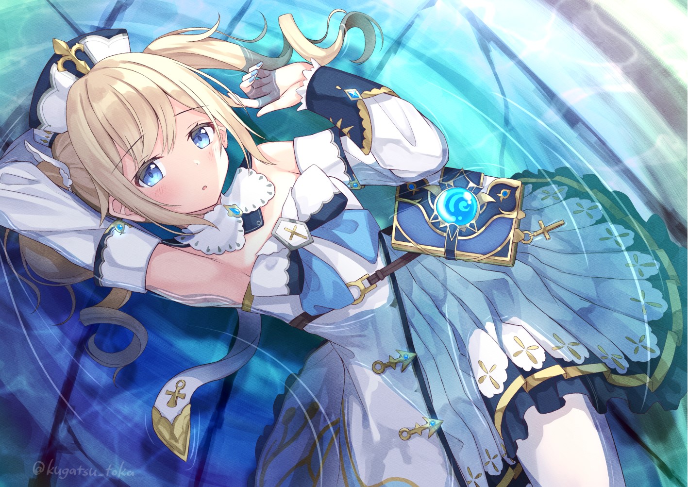 dress, blonde, anime girls, blue eyes, barbara (genshin impact), Kugatsu Toka, Genshin Impact, lying on back HD Wallpaper
