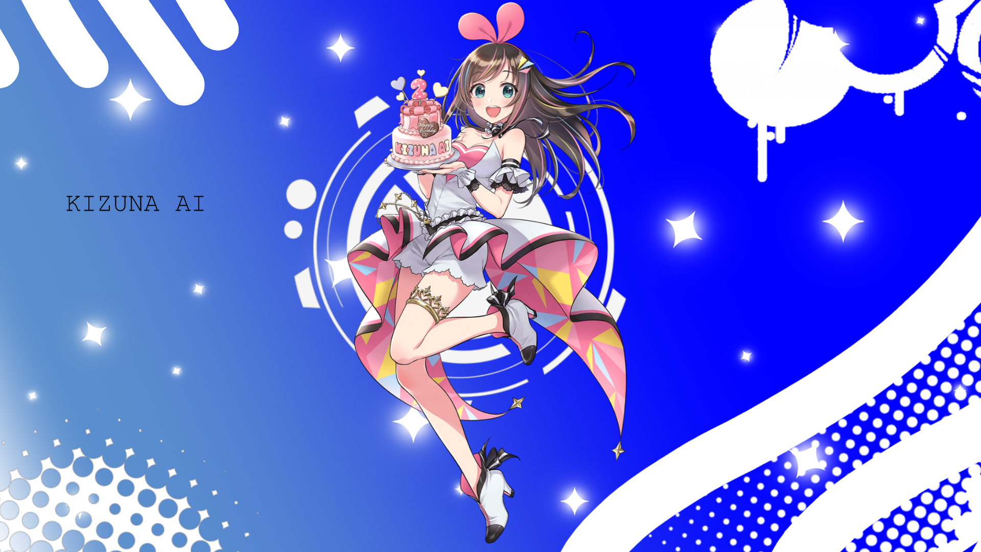 anime girls, open mouth, looking at viewer, sweets, brunette, Kizuna Ai, legs, cake, anime, food HD Wallpaper