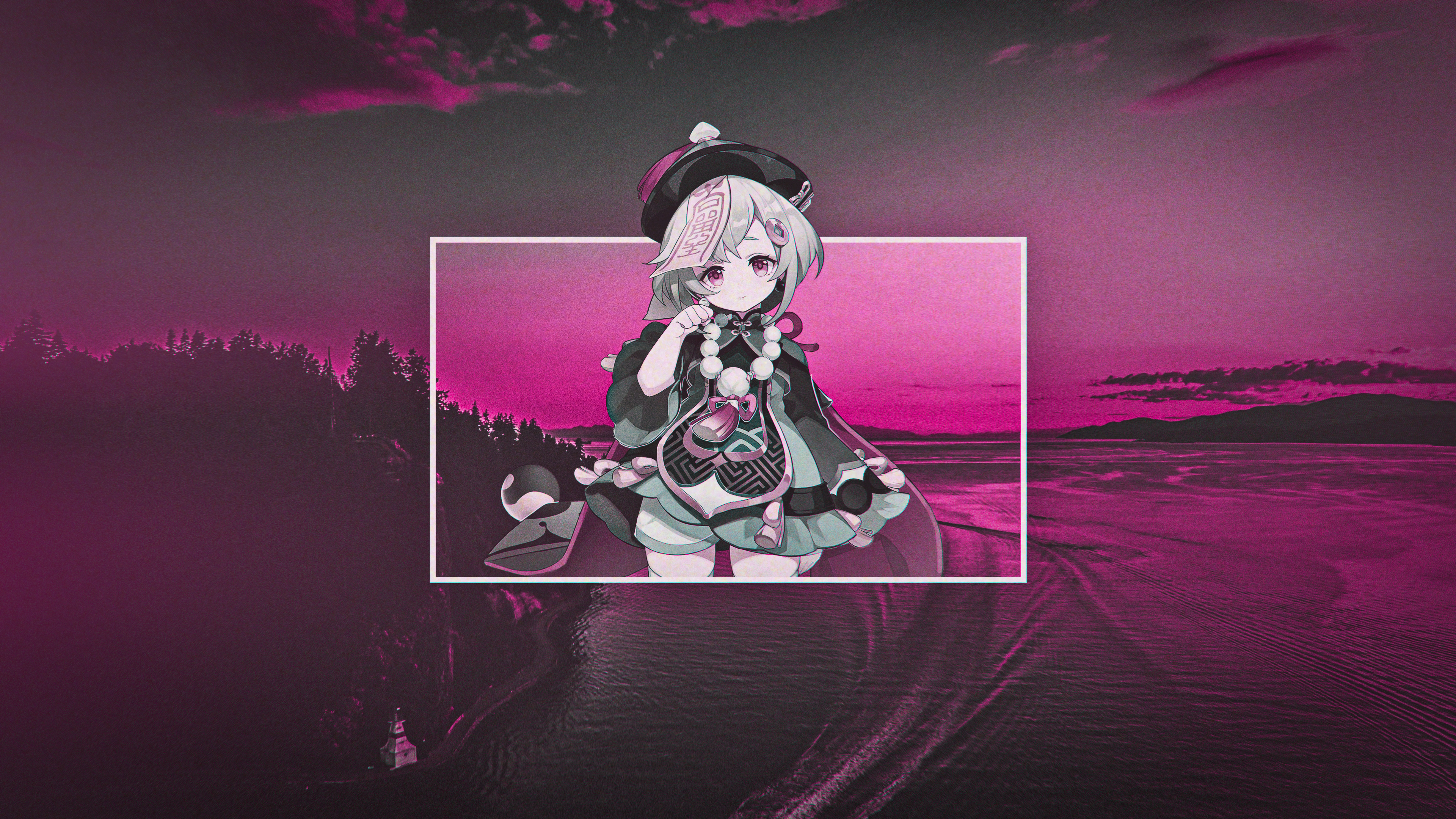 4K, purple eyes, purple hair, anime girls, Genshin Impact, loli, picture-in-picture, Qiqi (Genshin Impact) HD Wallpaper