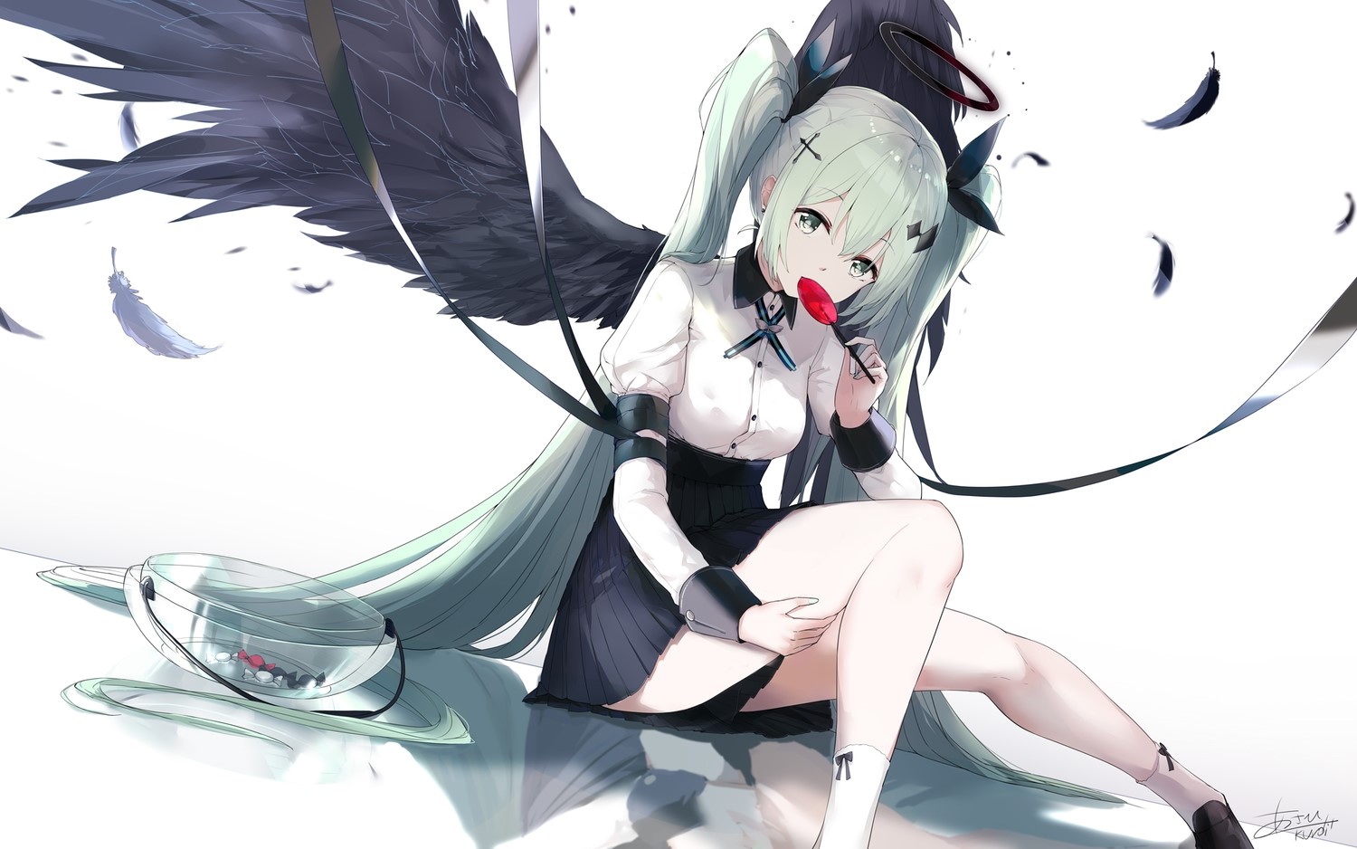 Asahi Kuroi, Vocaloid, Hatsune Miku, Black wings, nimbus, anime girls, wings, twintails HD Wallpaper