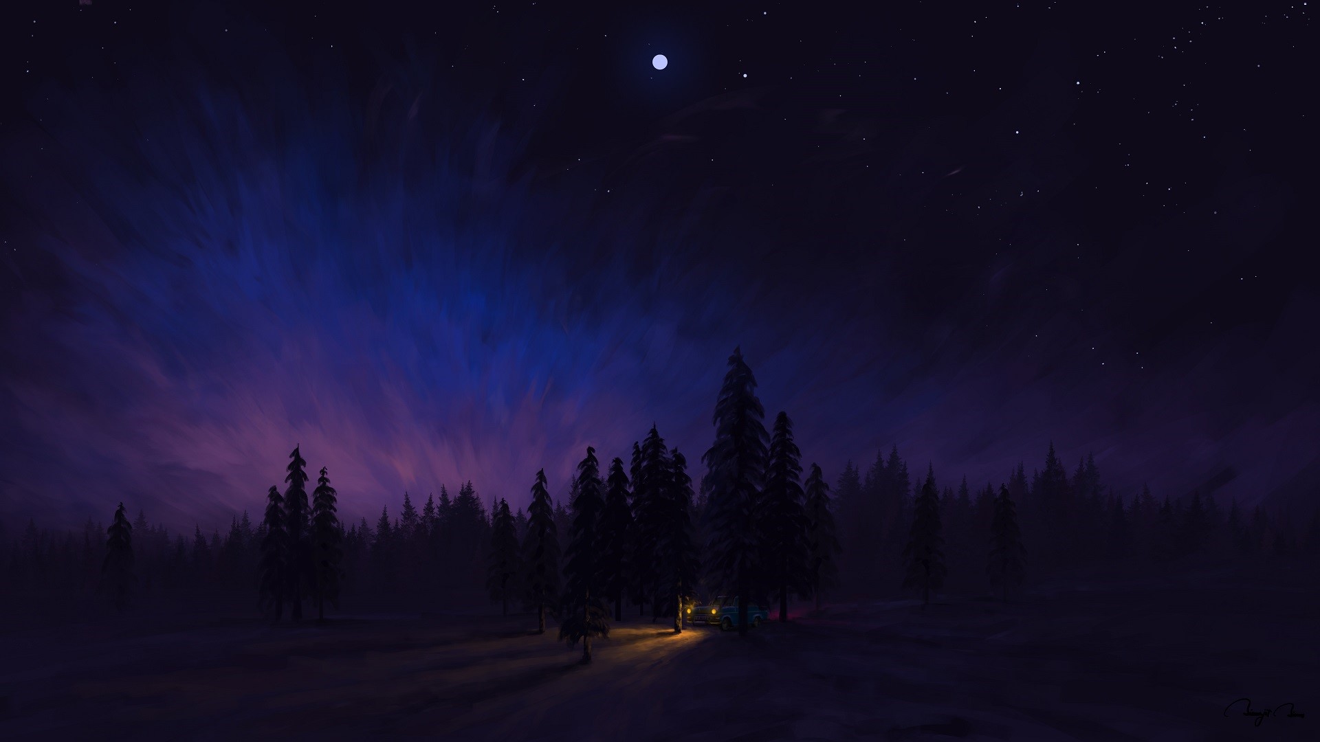 forest, digital painting, artwork, car, sky, BisBiswas, night HD Wallpaper