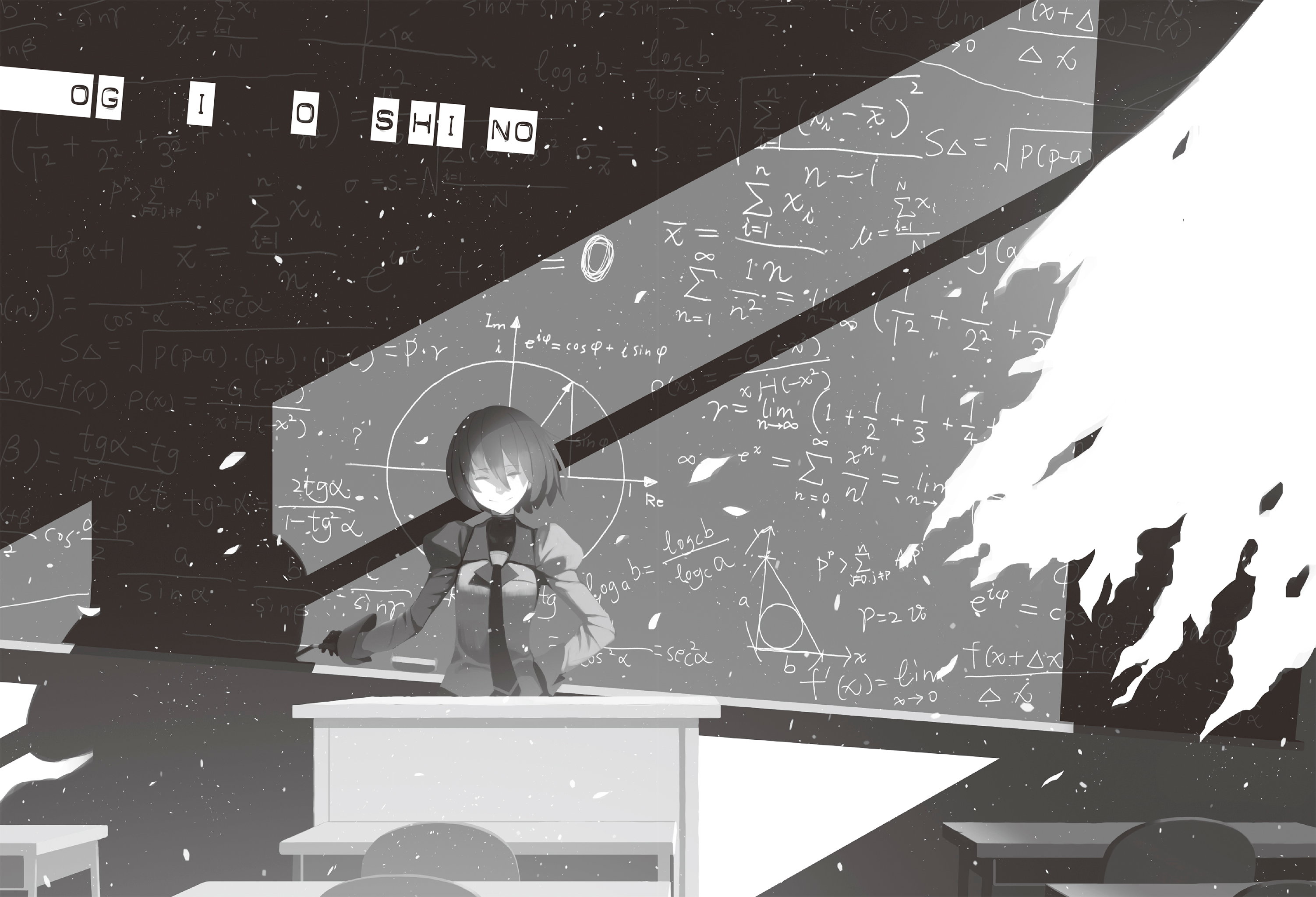 short hair, anime, tie, smiling, anime girls, classroom, formula, vofan, Oshino Ougi, monochrome, sunlight, closed eyes, Monogatari Series HD Wallpaper
