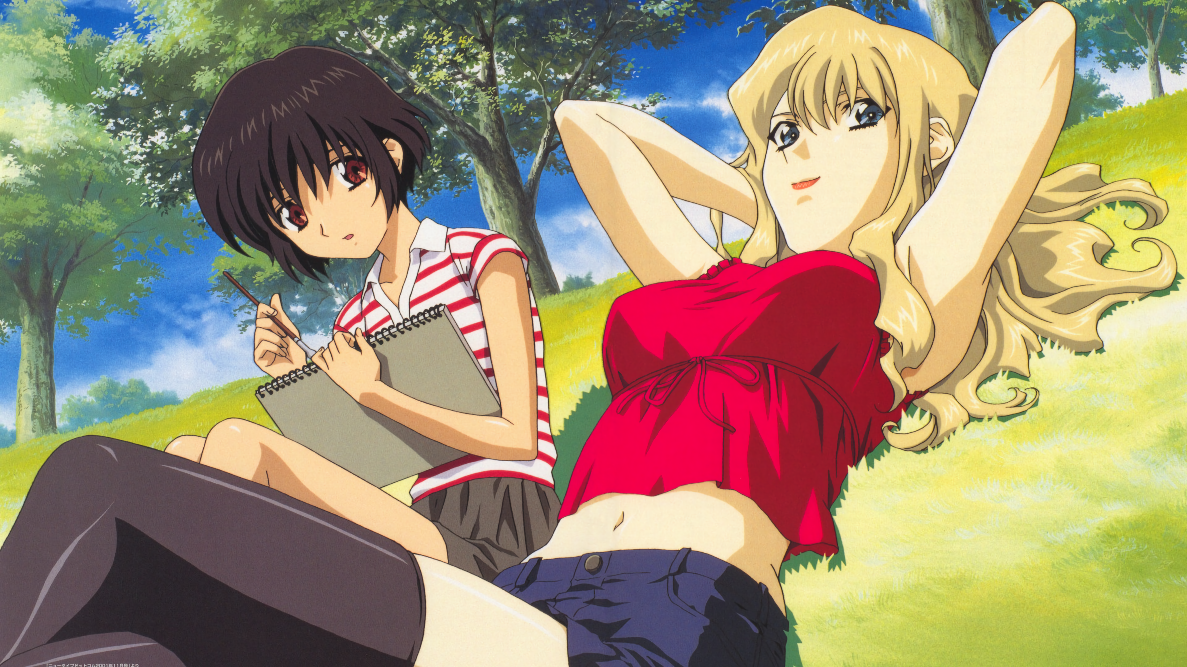 4K, no bra, Kirika Yuumura, grass, Mireille Bouquet, anime girls, sky, Noir (Anime), trees, clouds HD Wallpaper