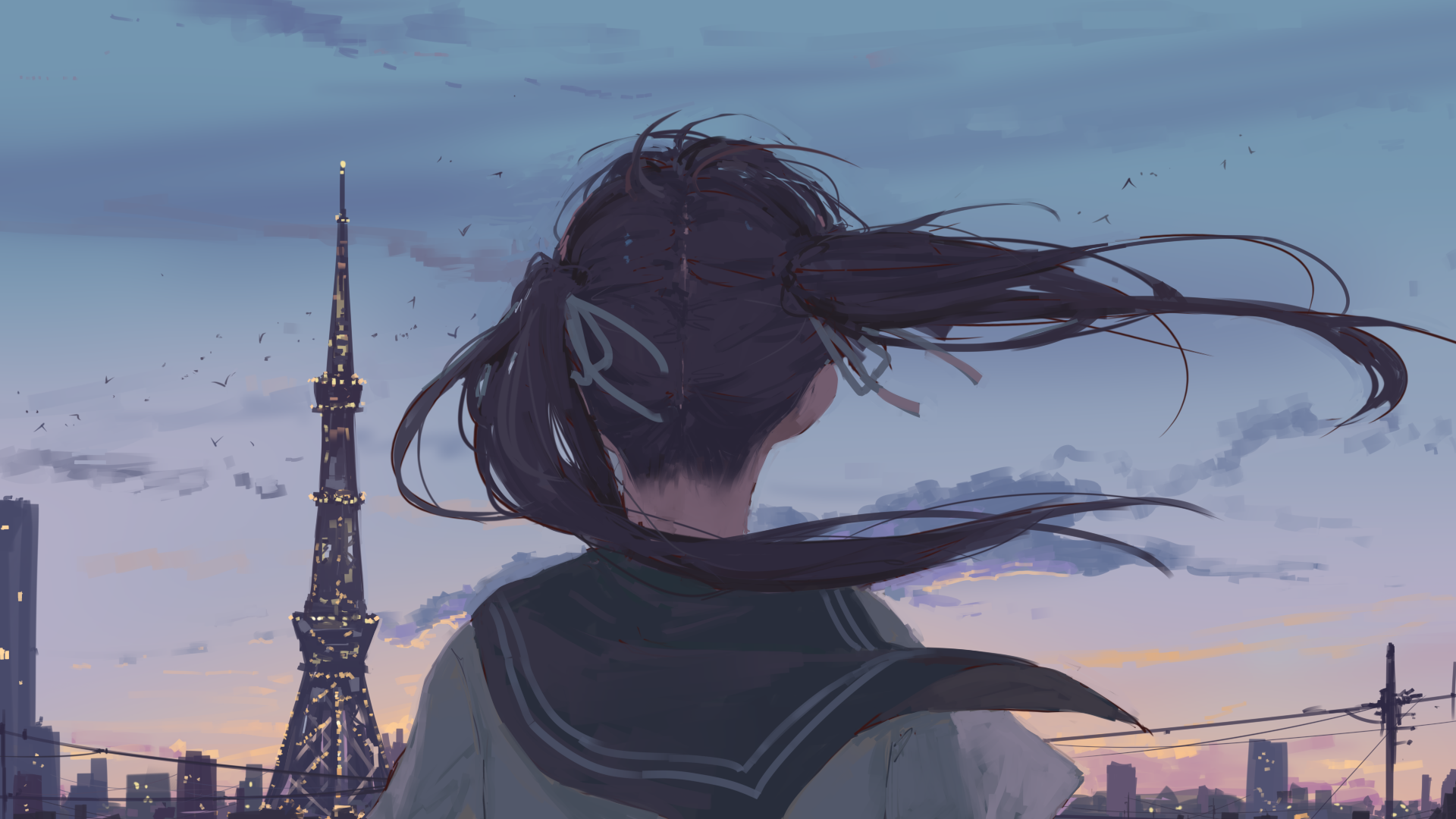 cityscape, Arttssam, anime girls, schoolgirl, school, sky HD Wallpaper