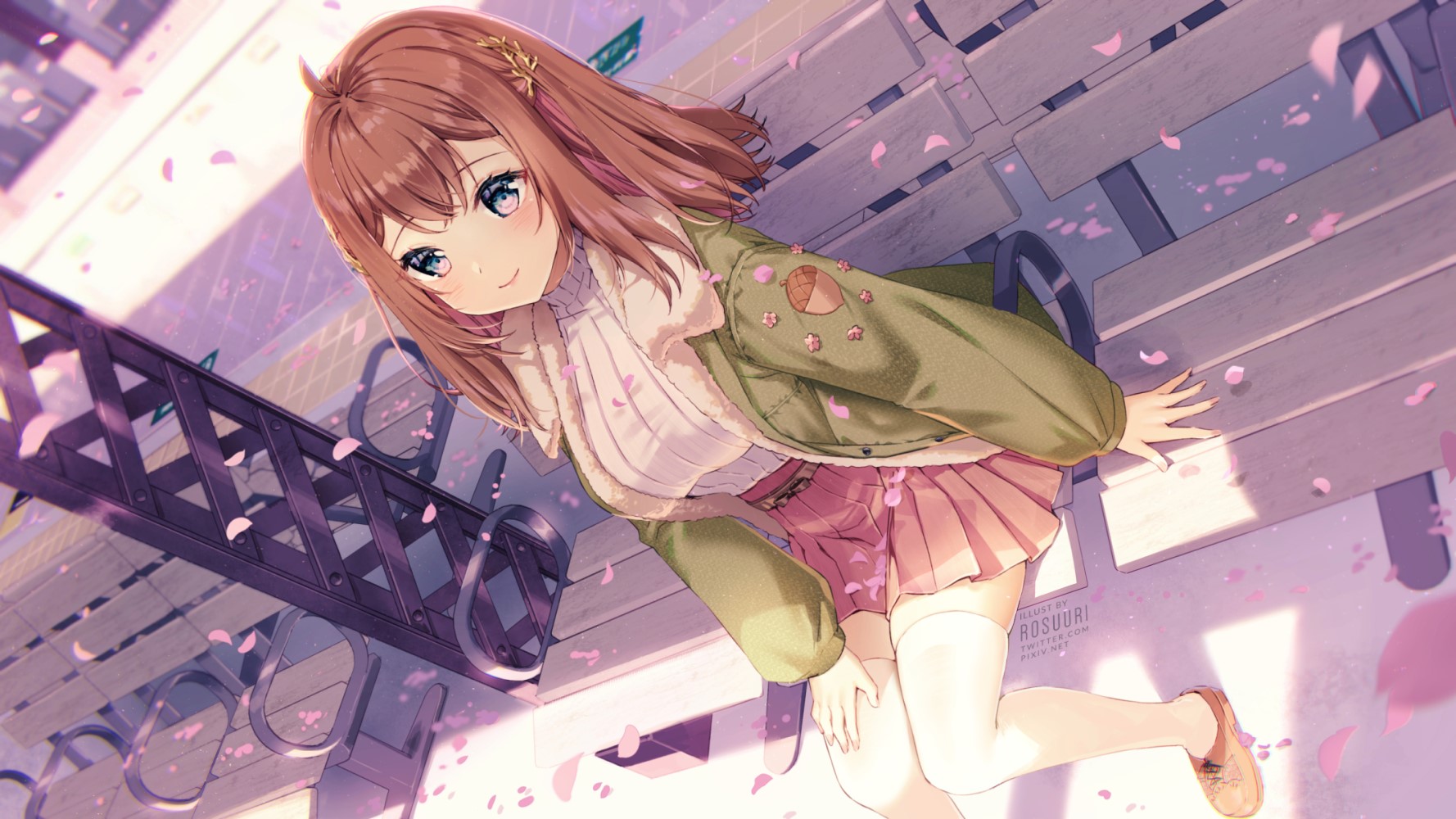 anime girls, smiling, Rosuuri, petals, thigh-highs, brunette, original characters HD Wallpaper