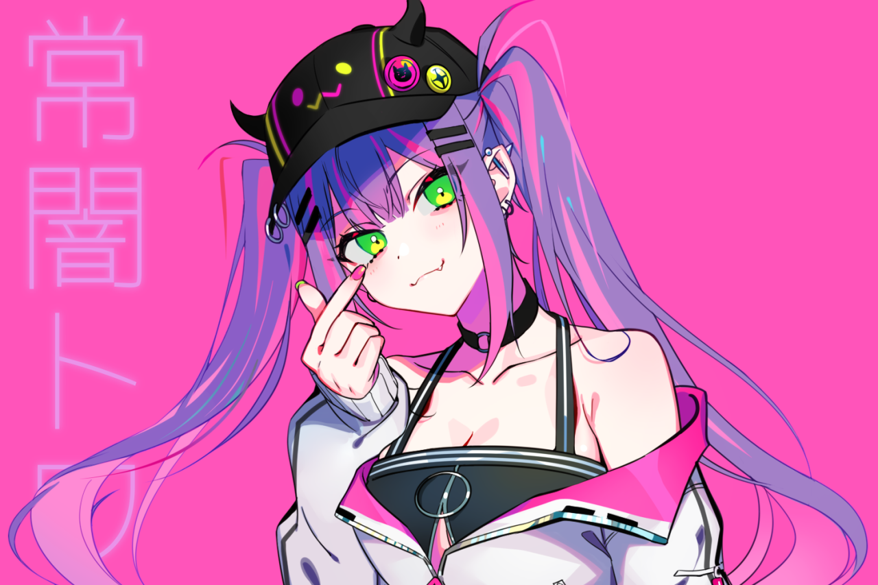green eyes, yu-ra, baseball caps, anime girls, Tokoyami Towa, purple hair, twintails, anime, Hololive HD Wallpaper