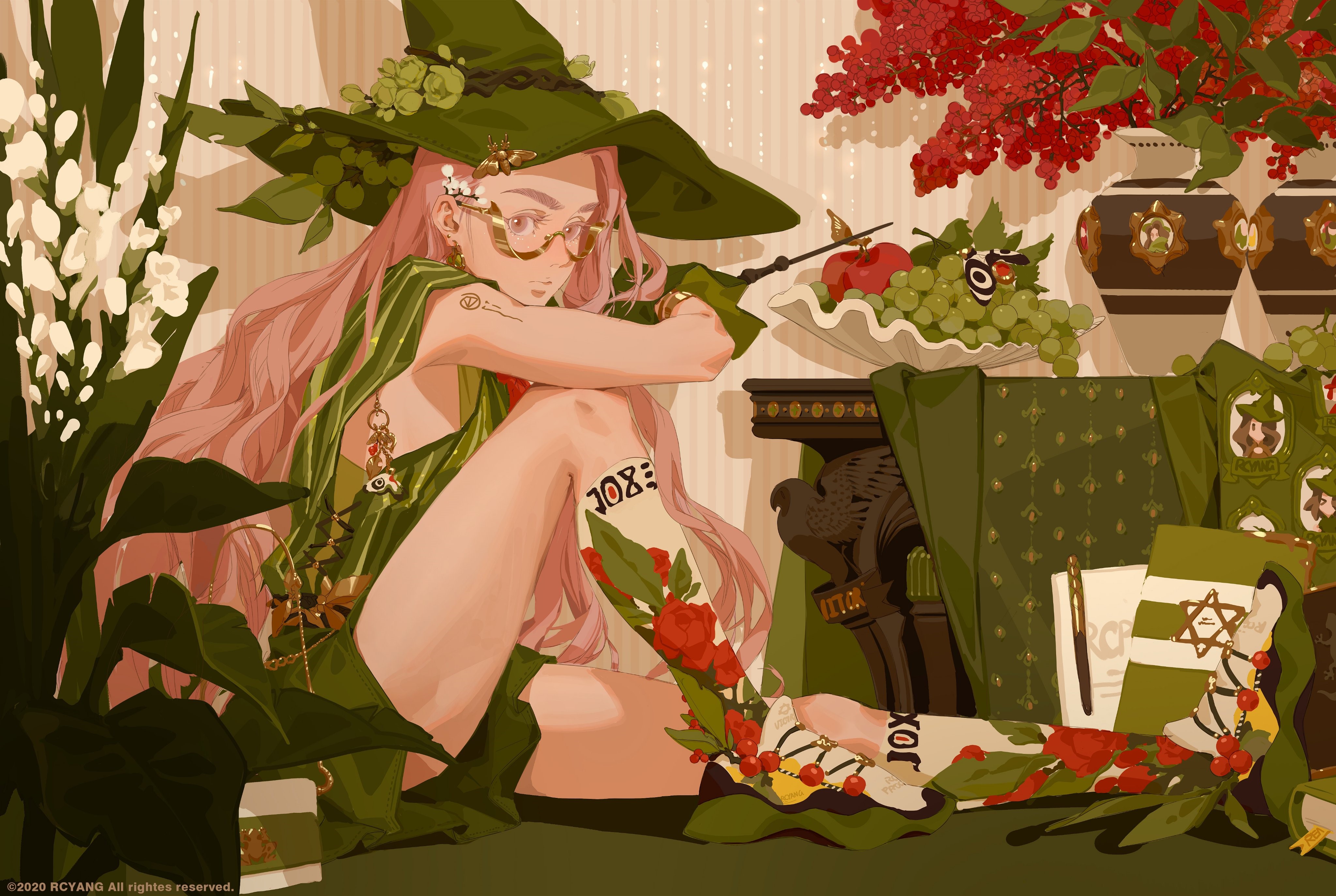 4K, knee high socks, witch hat, tattoo, anime girls, shoes, long hair, hat, glasses, apples, looking at viewer, anime, wands, socks, grapes, witch, pink hair, flowers, watermarked HD Wallpaper
