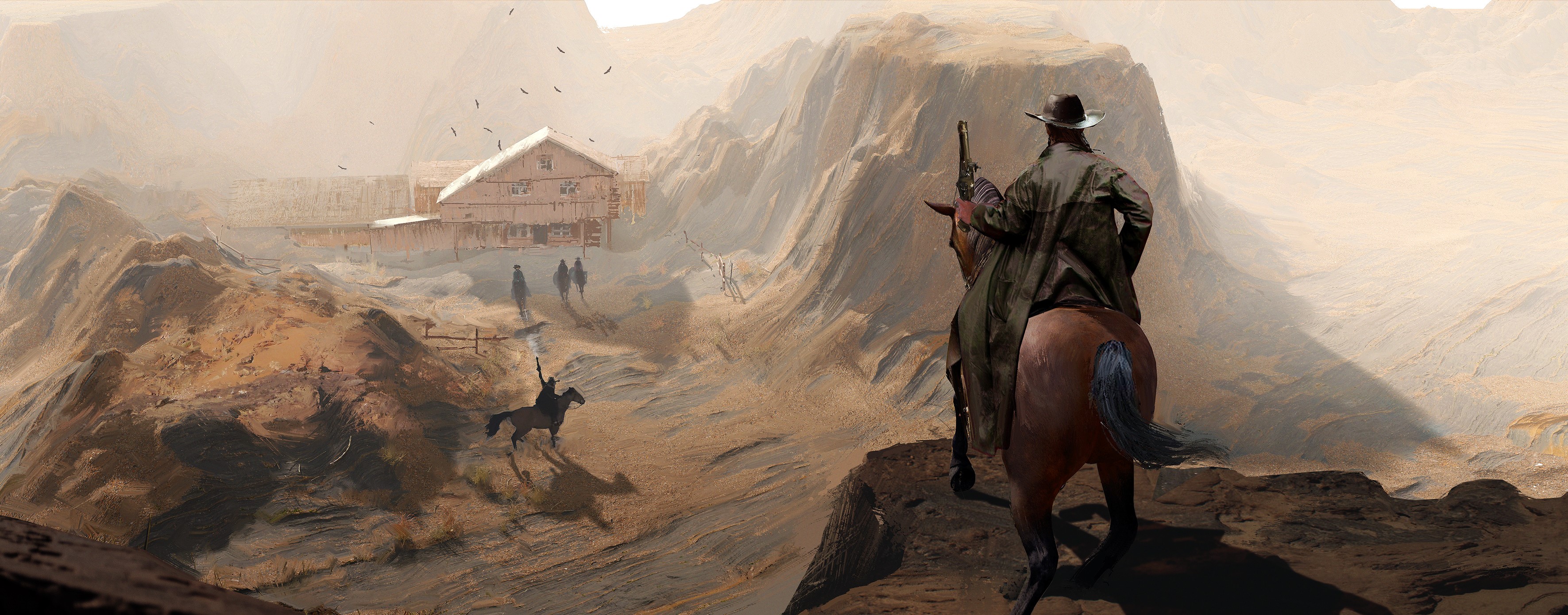 western, horse, Oksana Dobrovolska, ArtStation, rock, men, artwork, rock formation HD Wallpaper