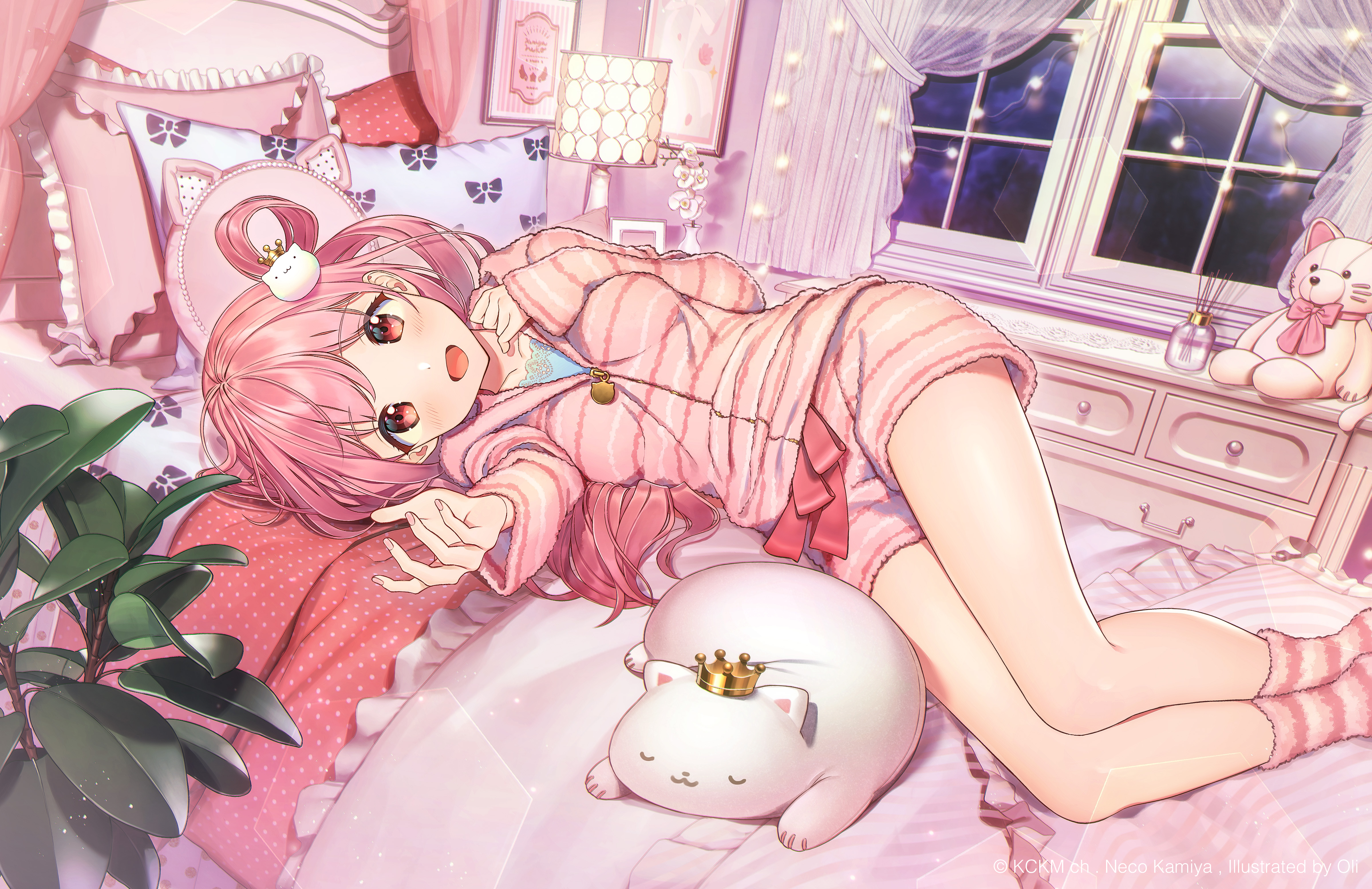 4K, anime girls, open mouth, Oli (artist), red eyes, pink hair, in bed HD Wallpaper