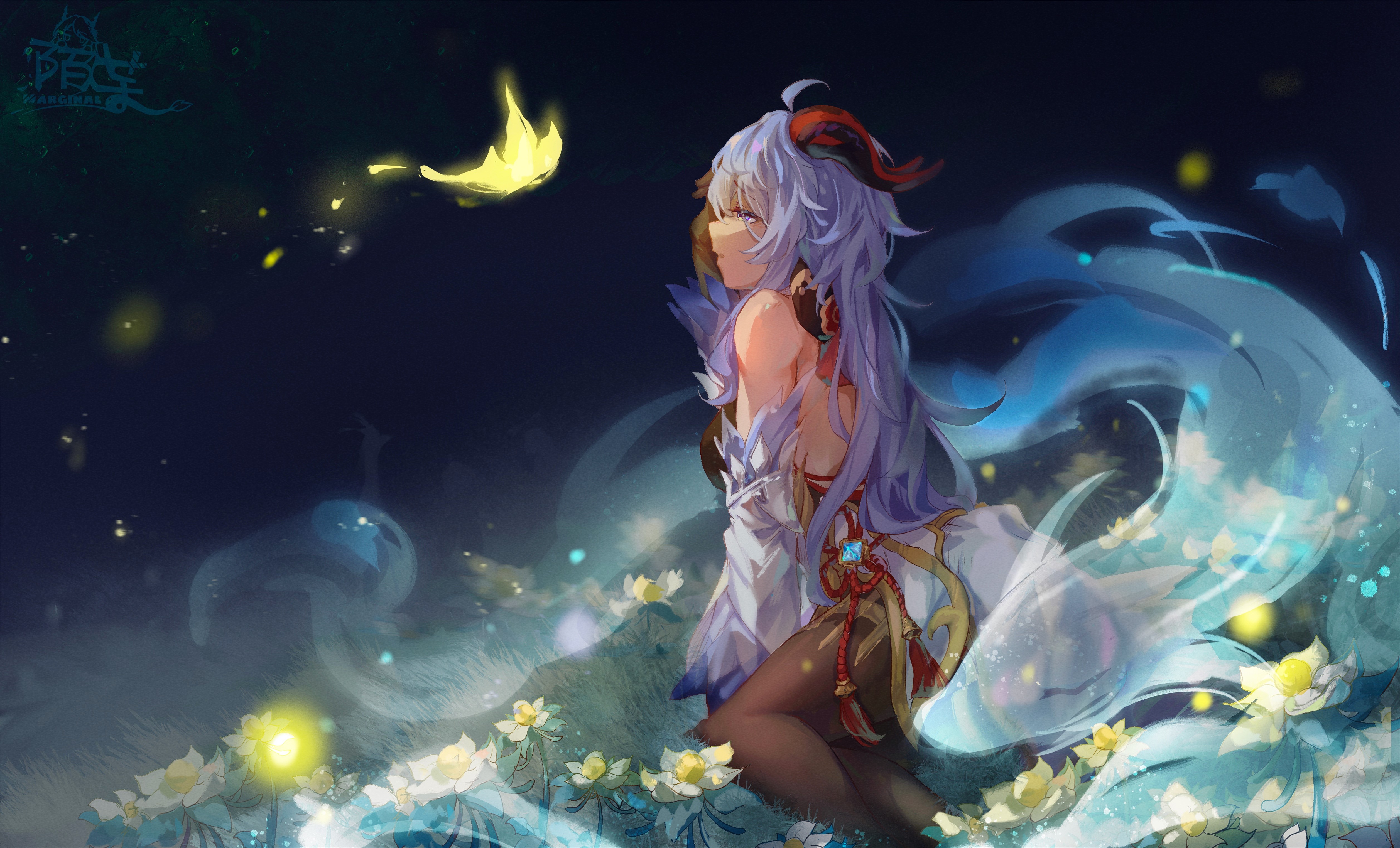4K, bare shoulders, wavy hair, kneeling, Moyu Marginal, anime, Ganyu (Genshin Impact), blue eyes, Genshin Impact, horns, long hair, anime girls, spirits, Spirit, blue hair HD Wallpaper