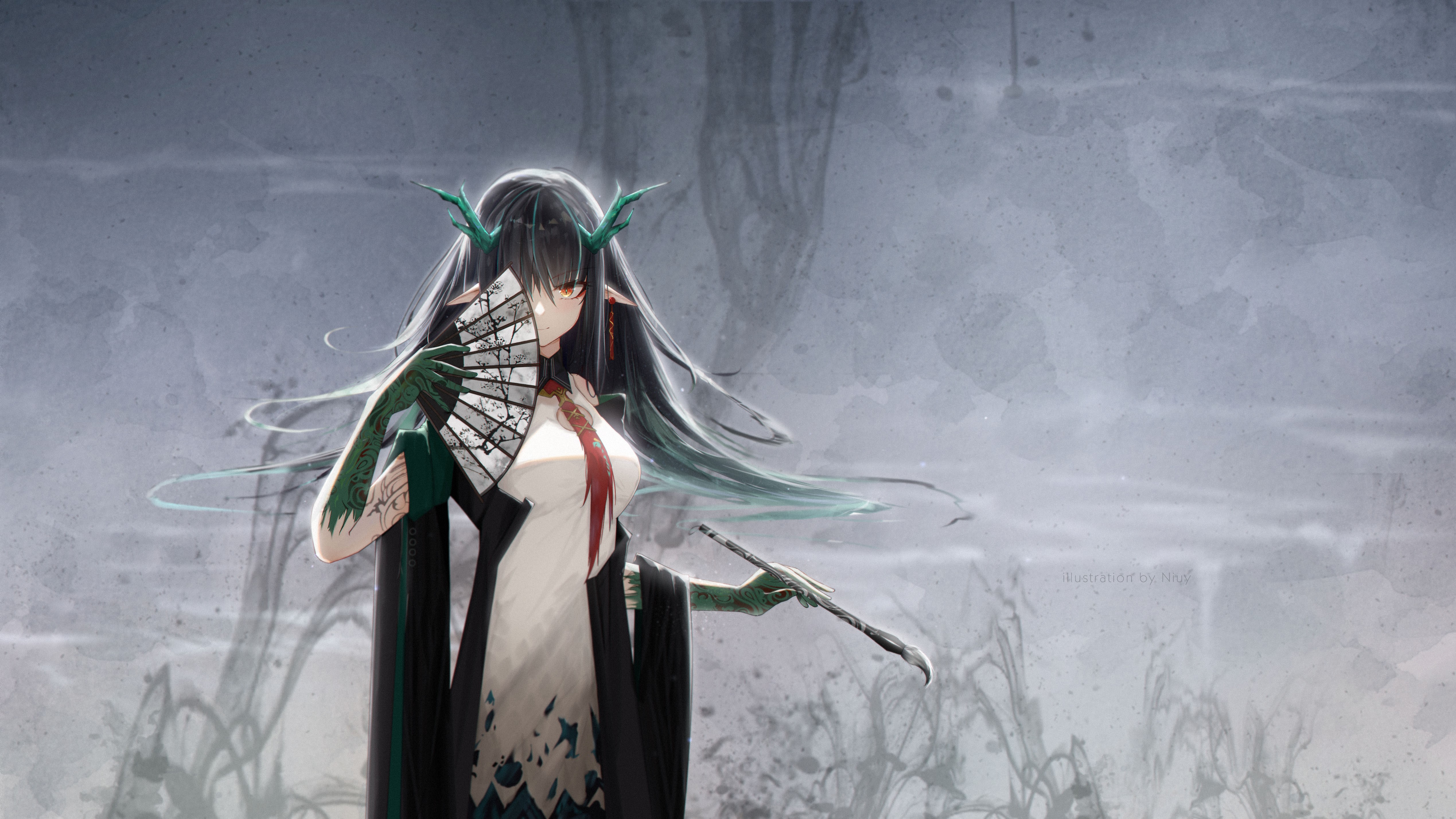 4K, anime, dragon girl, Arknights, anime girls, Niuy, Dusk (Arknights) HD Wallpaper
