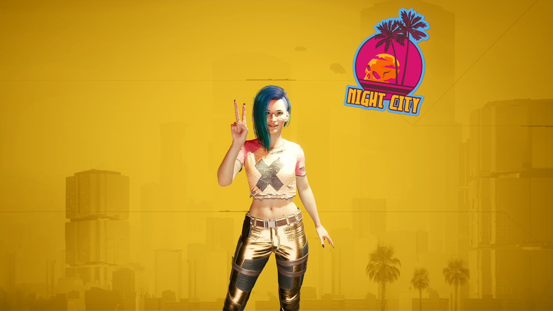 belly, CD Projekt RED, video game girls, hand gesture, PC gaming, video games, dyed hair, Cyberpunk 2077, standing, bare midriff HD Wallpaper