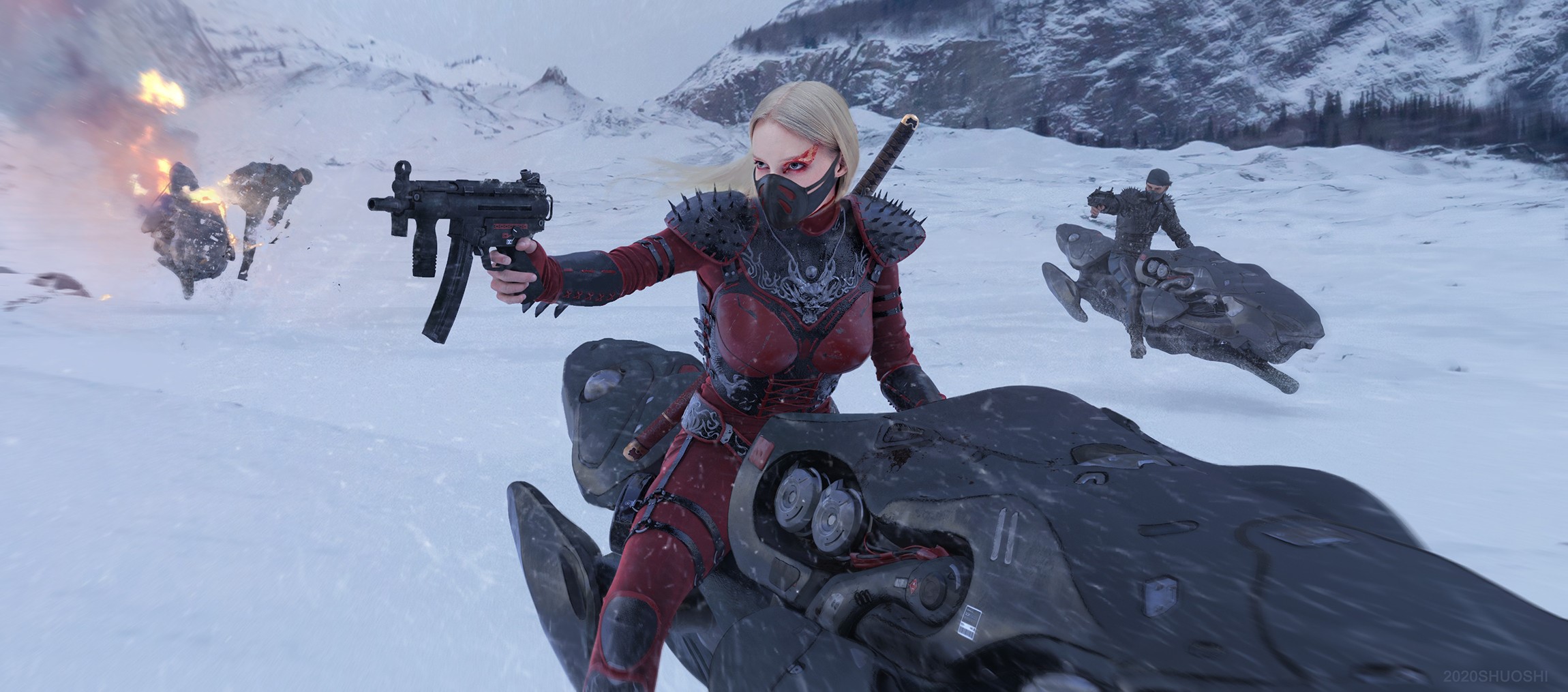 weapon, vehicle, science fiction, machine gun, women, blonde, girls with guns, artwork HD Wallpaper