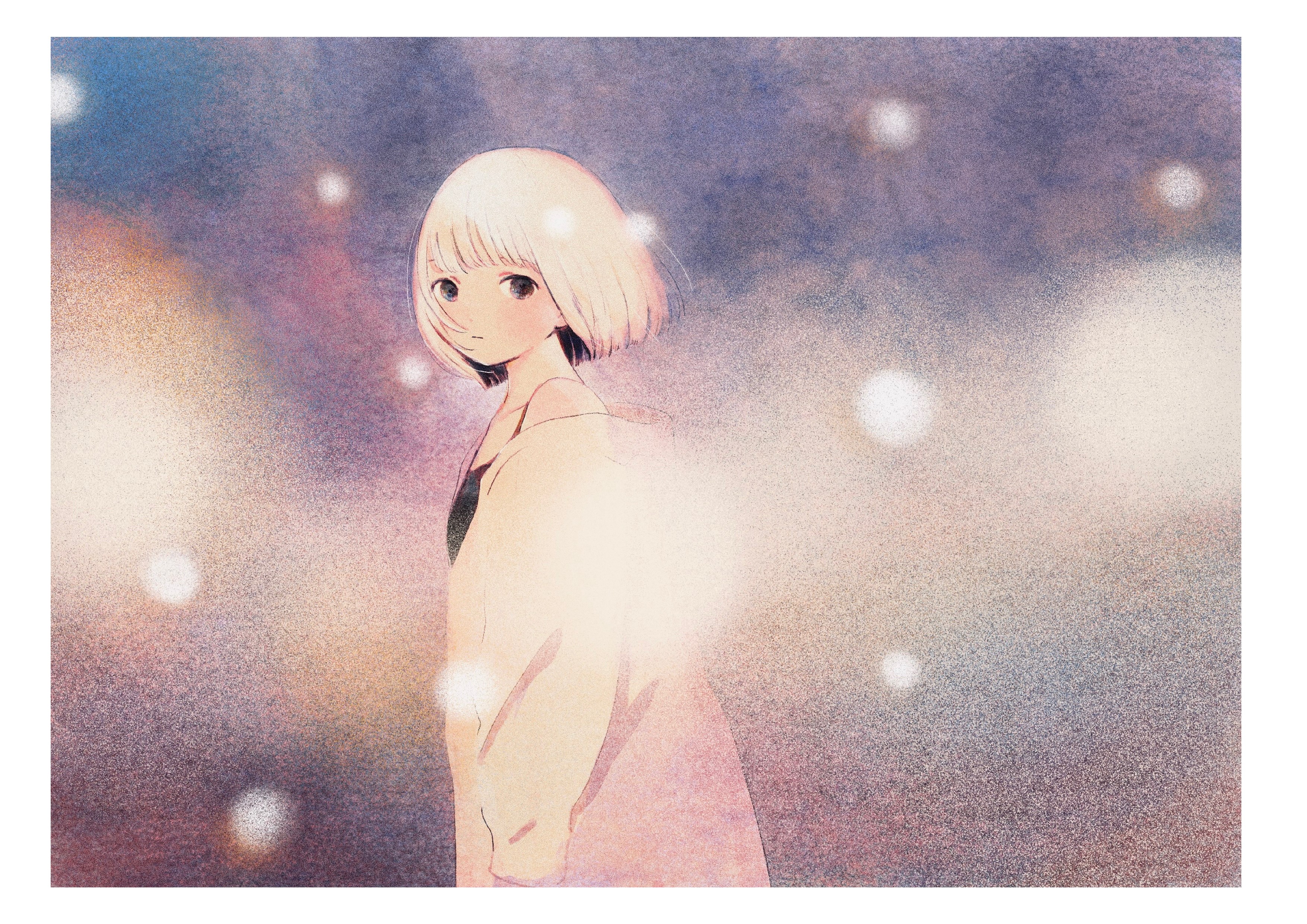 jacket, anime girls, depth of field, looking at viewer, dark eyes, short hair, blonde, anime HD Wallpaper